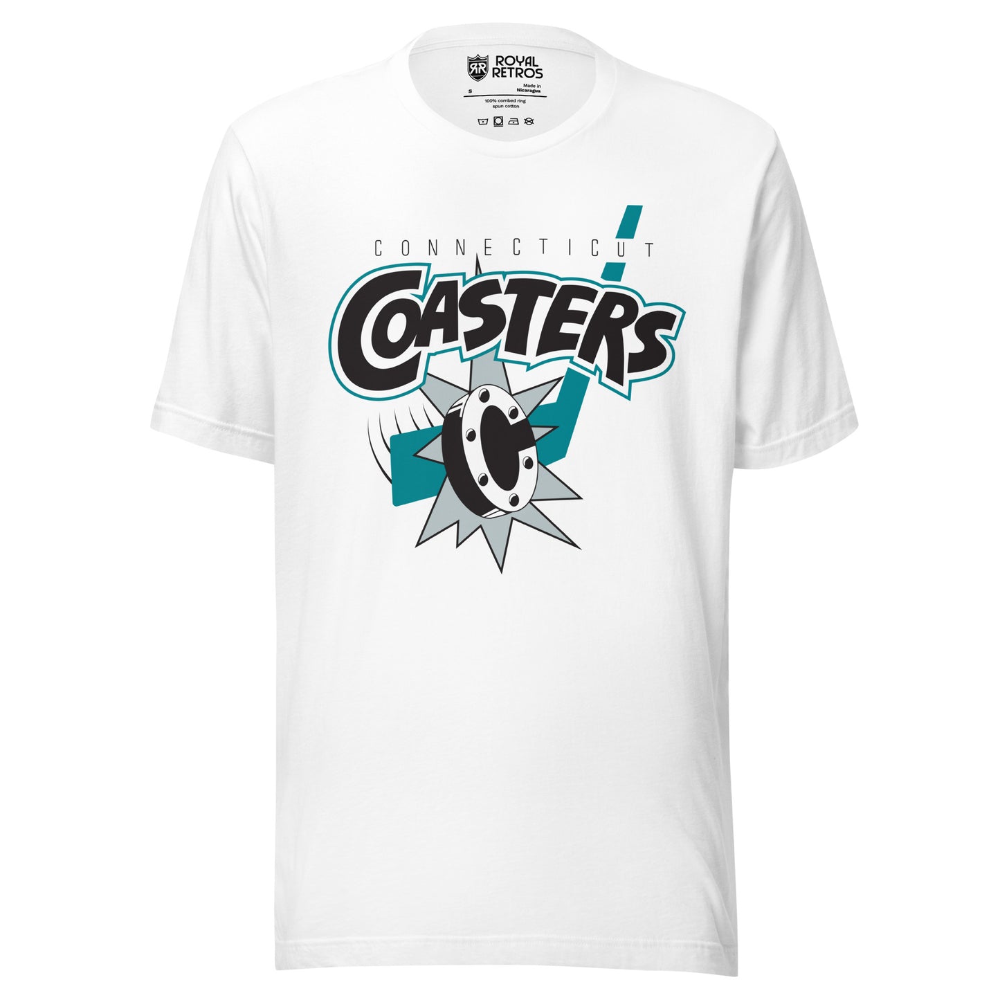 Connecticut Coasters roller hockey T-Shirt. White. Connecticut in black small above large stylized Coasters in black with white trim. Roller blade wheel below over silver burst. Royal Retros