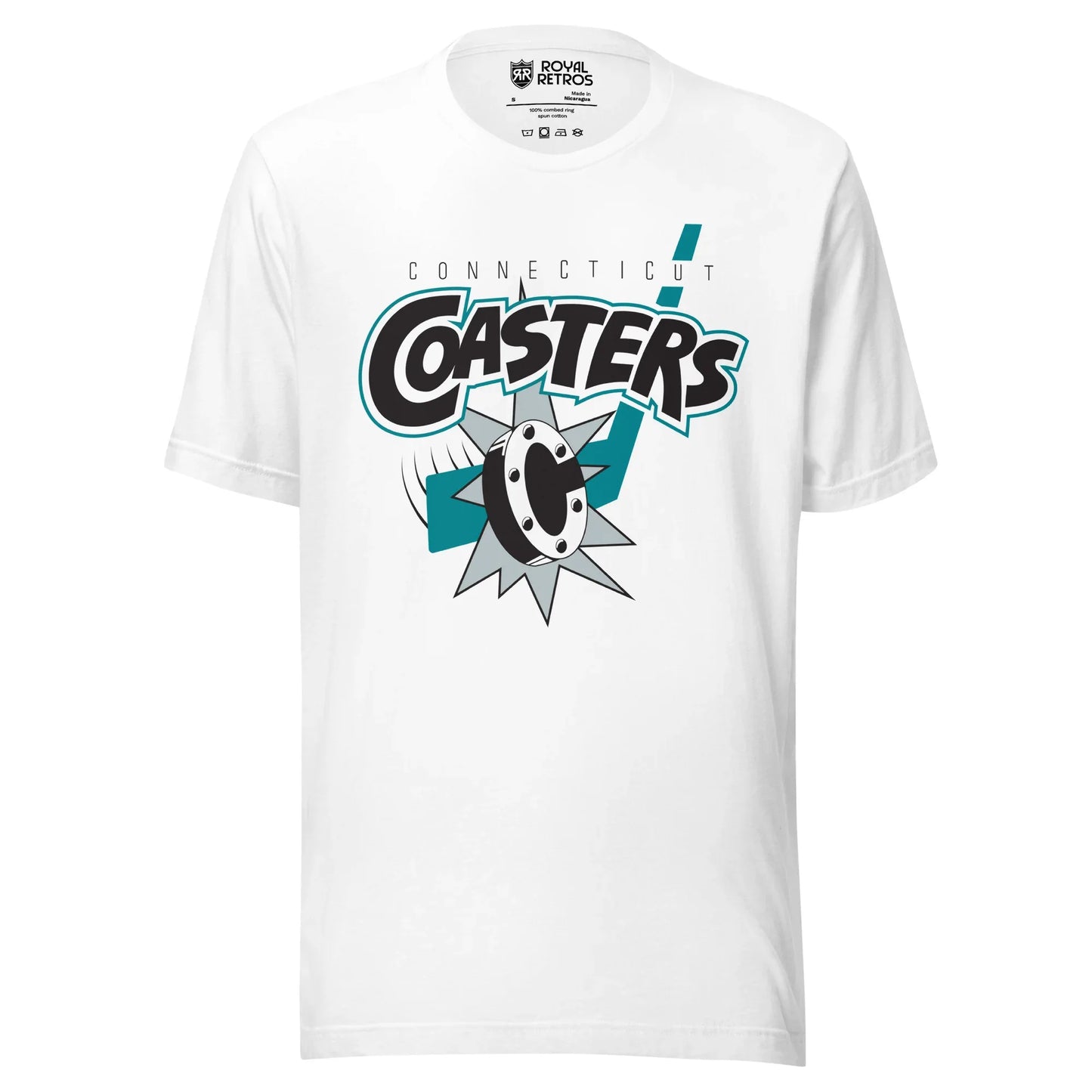 Connecticut Coasters roller hockey T-Shirt. White. Connecticut in black small above large stylized Coasters in black with white trim. Roller blade wheel below over silver burst. Royal Retros