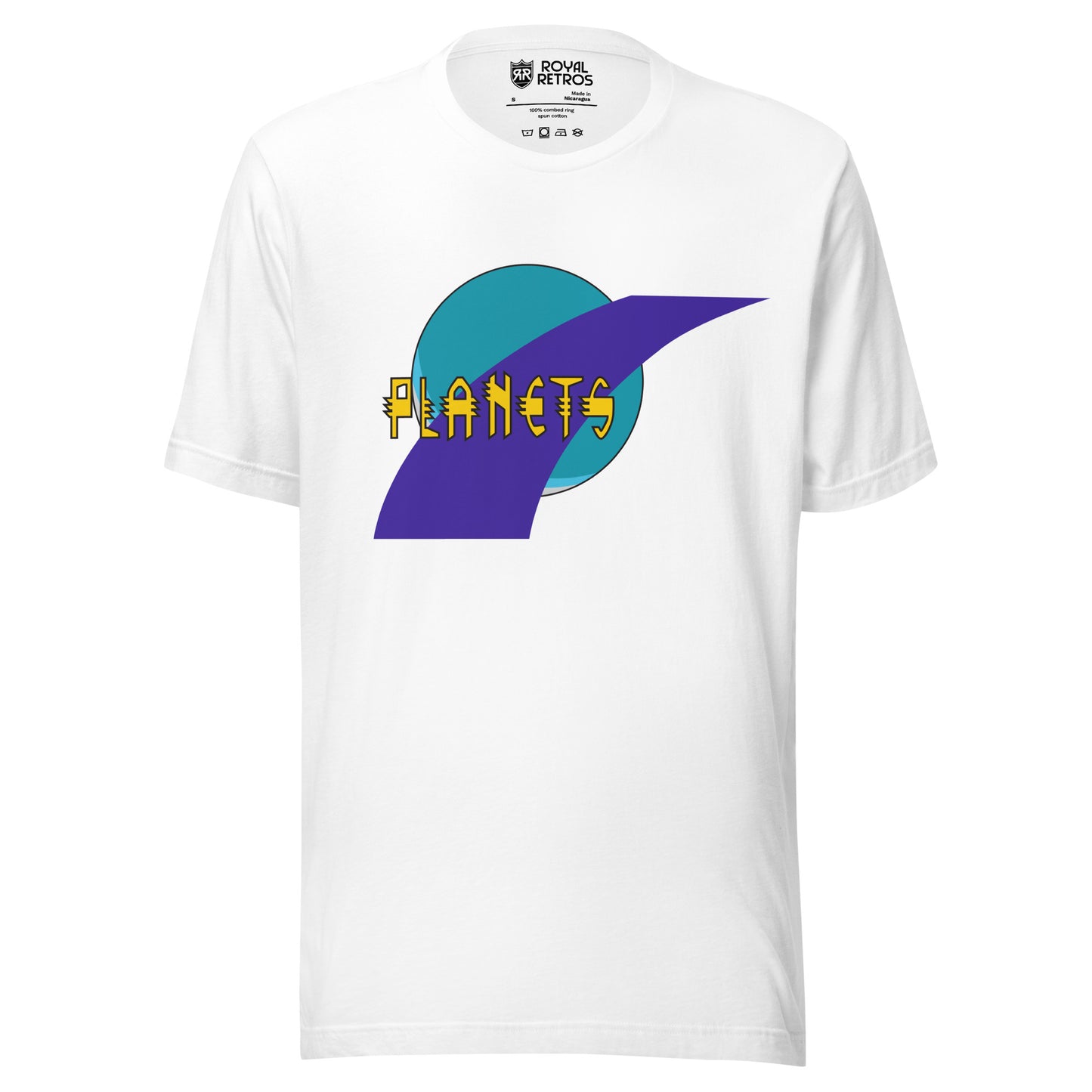 Toronto Planets roller hockey T-Shirt. White. Blue planet with purple swoosh on top. Planets in yellow over logo. Royal Retros