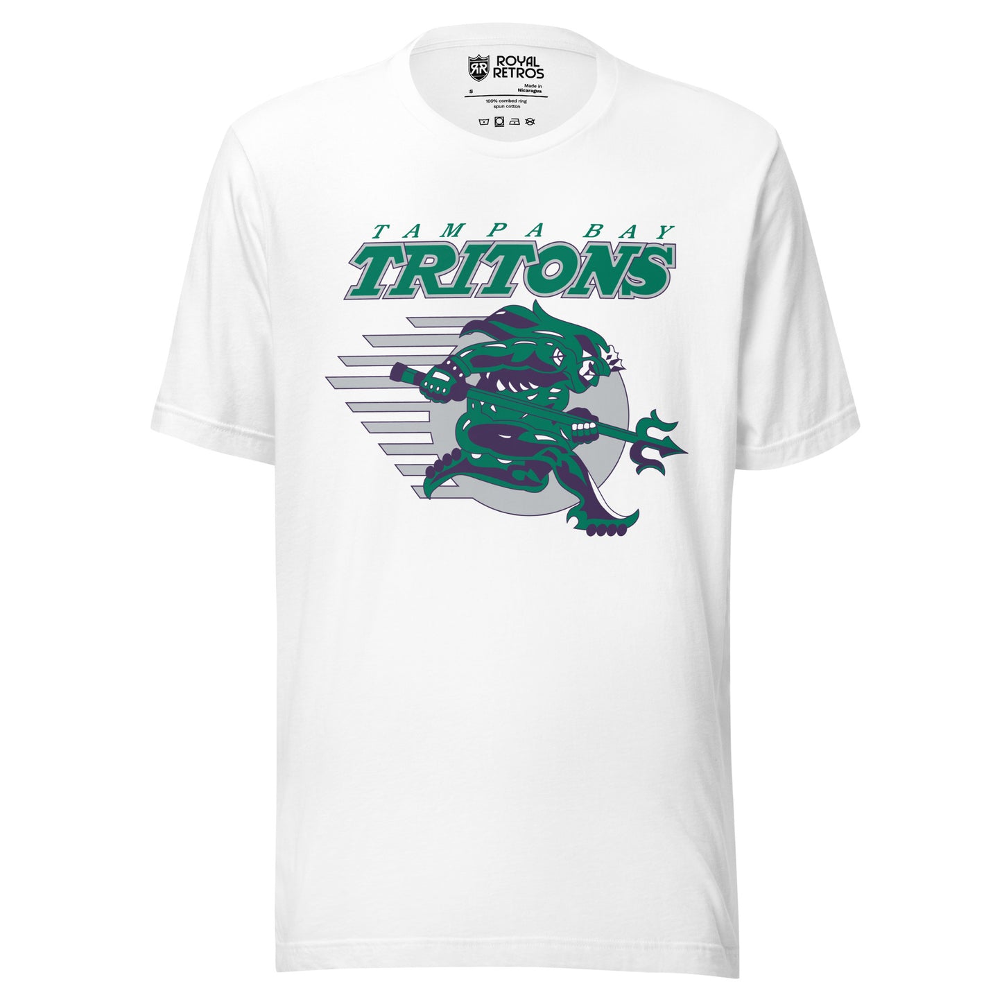 Tampa Bay Tritons roller hockey T-Shirt. Tampa Bay in green above Tritons large in green with white outline. White. Purple and green sea monster over silver ball with streak marks. Monster is holding triton. Royal Retros.