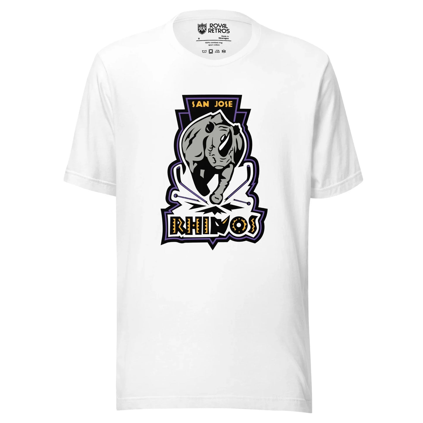 San Jose Rhinos Roller hockey T-Shirt. White. Charging Rhino. San Jose in gold above. To hockey sticks crossed below legs. Rhinos in caps underneath. Royal Retros