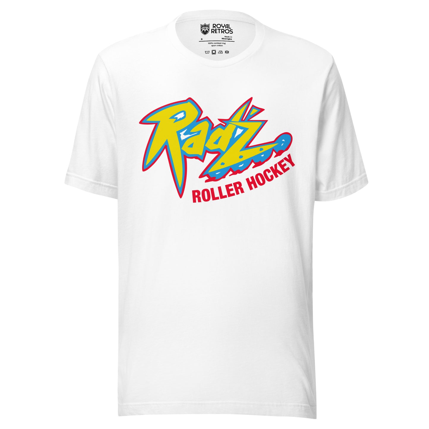 Calgary Rad'z Roller Hockey T-Shirt. White. Stylized Rad'z in yellow with red and blue trim. Rollerblade wheels on bottom of Z. Roller Hockey in red below main logo. Royal Retros