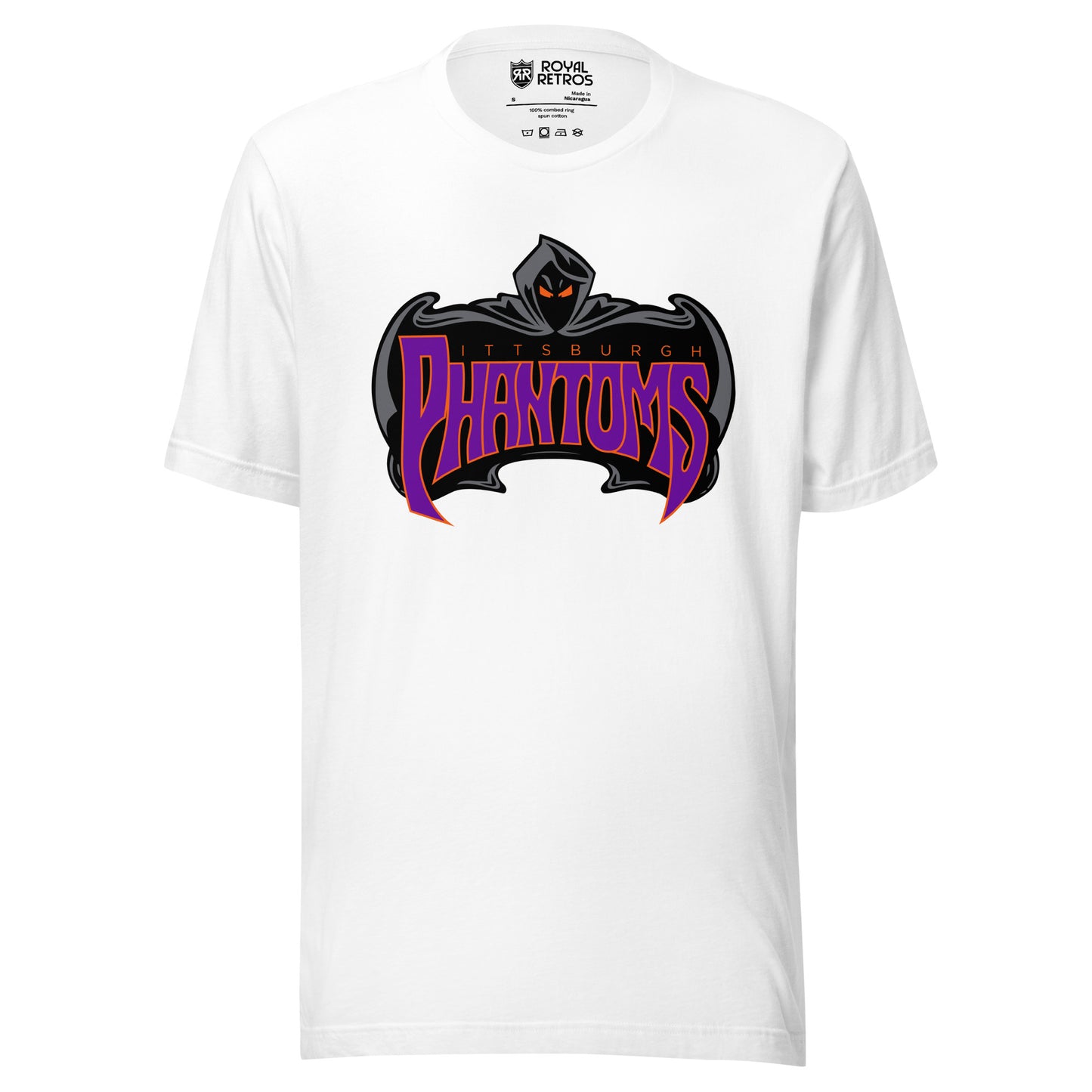 Pittsburgh Phantoms roller hockey T-Shirt white. Phantom with black face and yellow eyes with cape surrounding Phantoms in Purple. Royal Retros