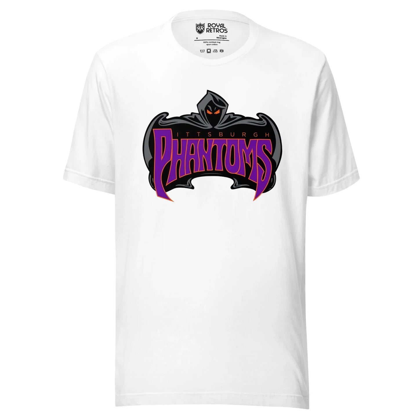 Pittsburgh Phantoms roller hockey T-Shirt white. Phantom with black face and yellow eyes with cape surrounding Phantoms in Purple. Royal Retros