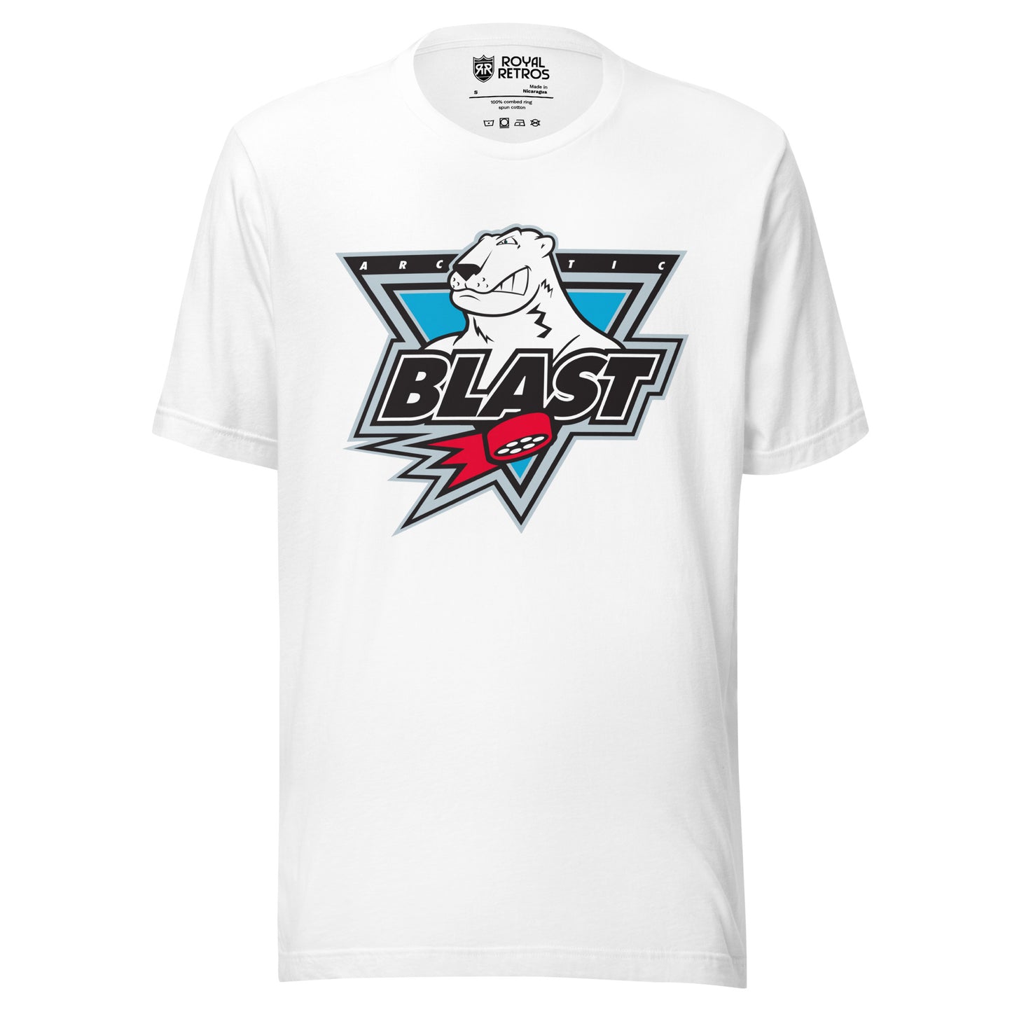 Minnesota Artic Blast roller hockey T-Shirt. White. Upside down triangle with polar bear head sticking out. ARC and TIC on either side of head. Blast large in black with white trim below across bottom of triangle. Red puck with streaks below that. Royal Retros
