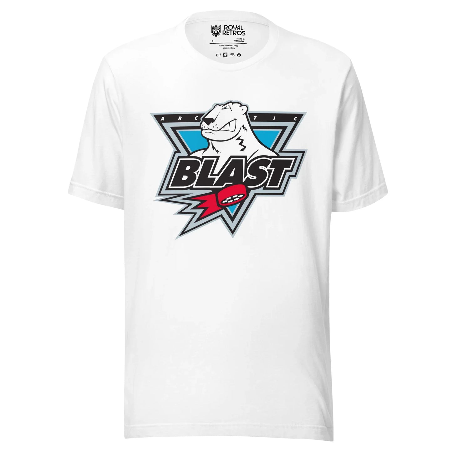 Minnesota Artic Blast roller hockey T-Shirt. White. Upside down triangle with polar bear head sticking out. ARC and TIC on either side of head. Blast large in black with white trim below across bottom of triangle. Red puck with streaks below that. Royal Retros