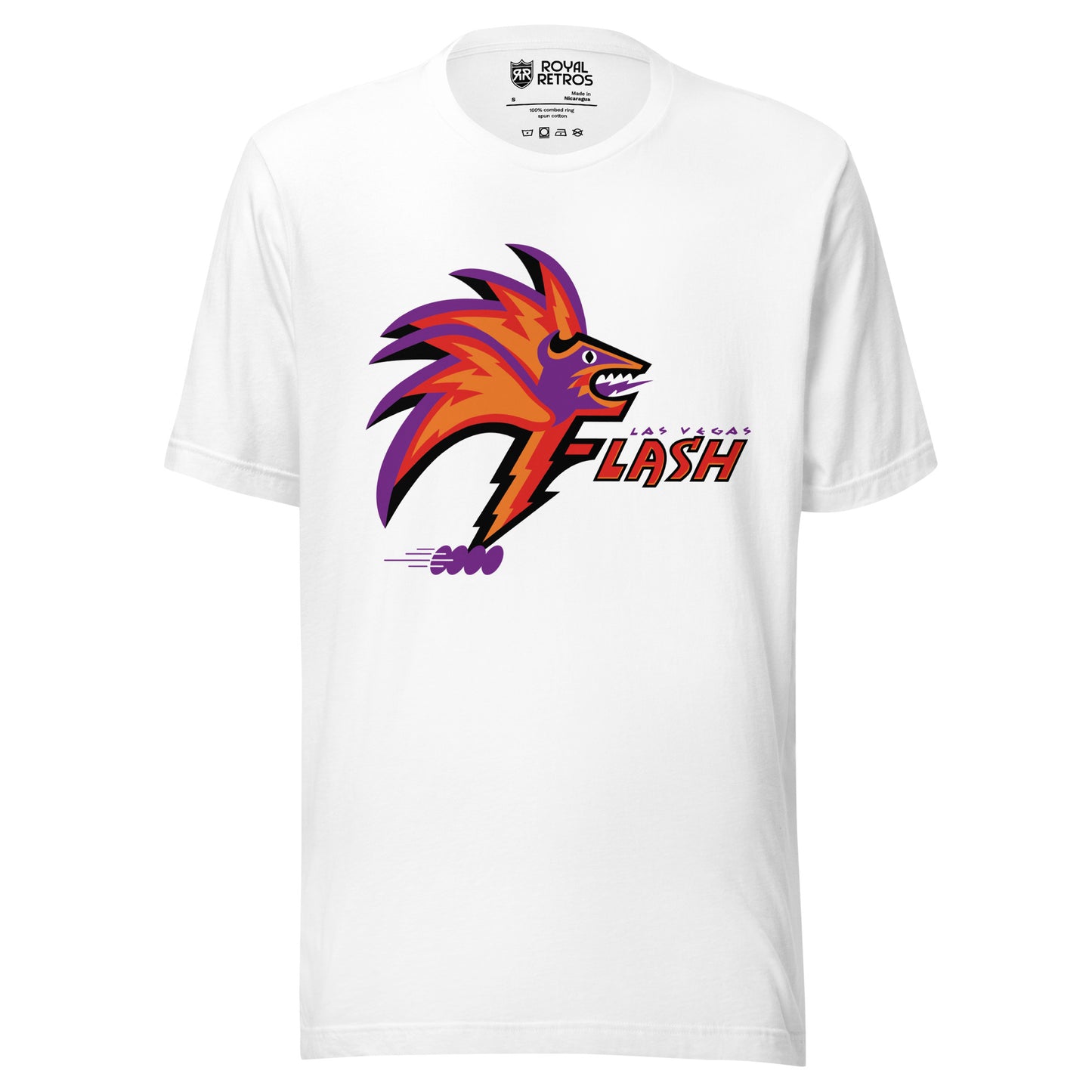 Las Vegas T-shirt heather white. Stylized bird head in profile. Purple face with red, orange, and purple feathers. Las Vegas in purple small over Flash in orange to right of bird head. Royal Retros