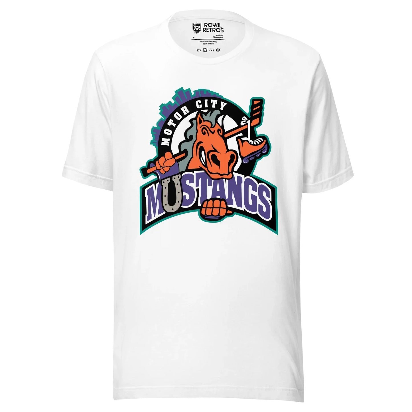 Detroit Motor City Mustangs. White. Cartoon horse, head only, holding hockey stick behind its head. Motor City curved upper left, Mustangs in purple white outline with gray horseshoe for the "U" Royal Retros