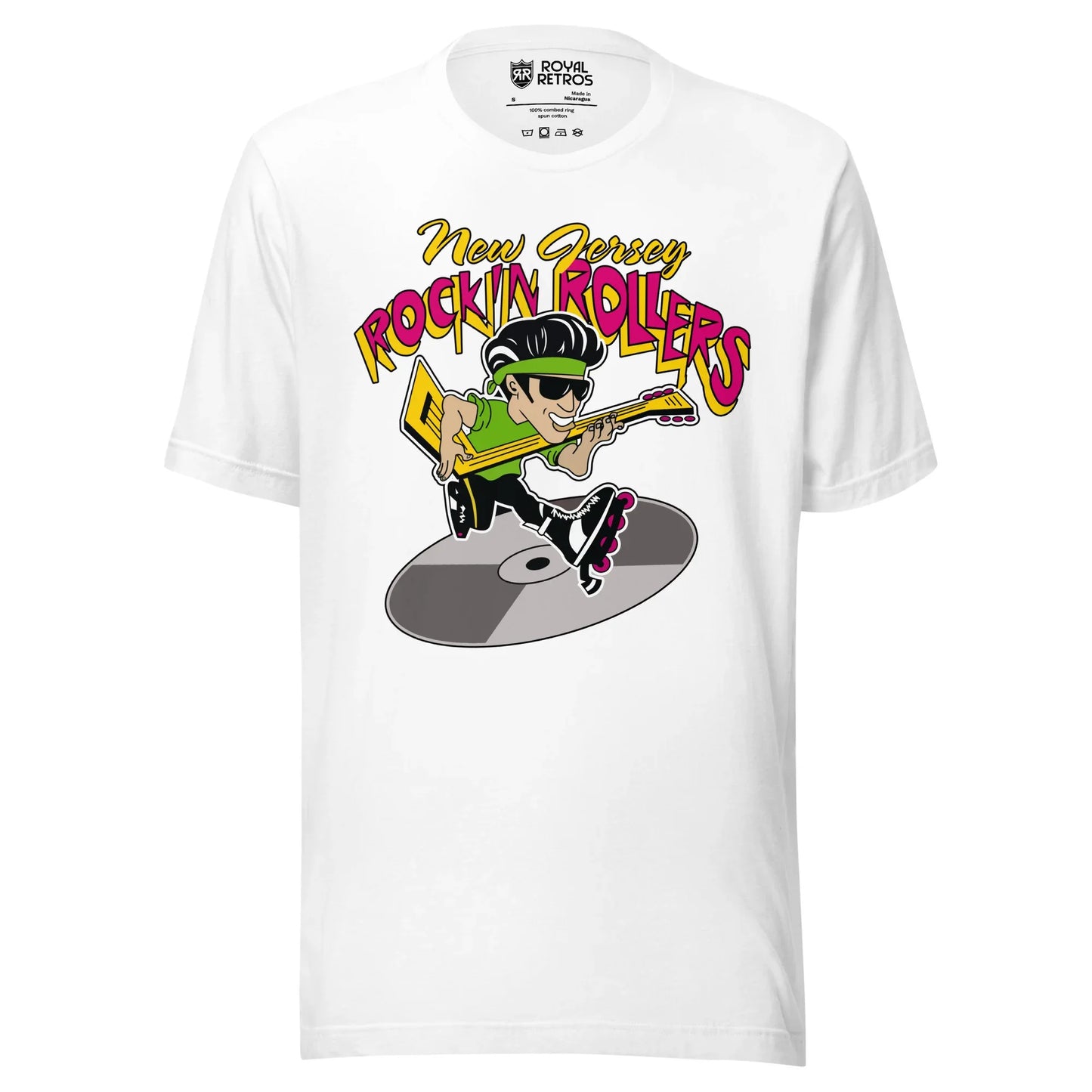 New Jersey Rockin Rollers roller hockey T-shirt white. New Jersey in cursive, small gold, Rockin Rollers in bold, red, with gold trim large above rock & roll star with hockey stick as guitar, green T-shirt, headband, and sunglasses, rollerblading on a silver record below. Royal Retros