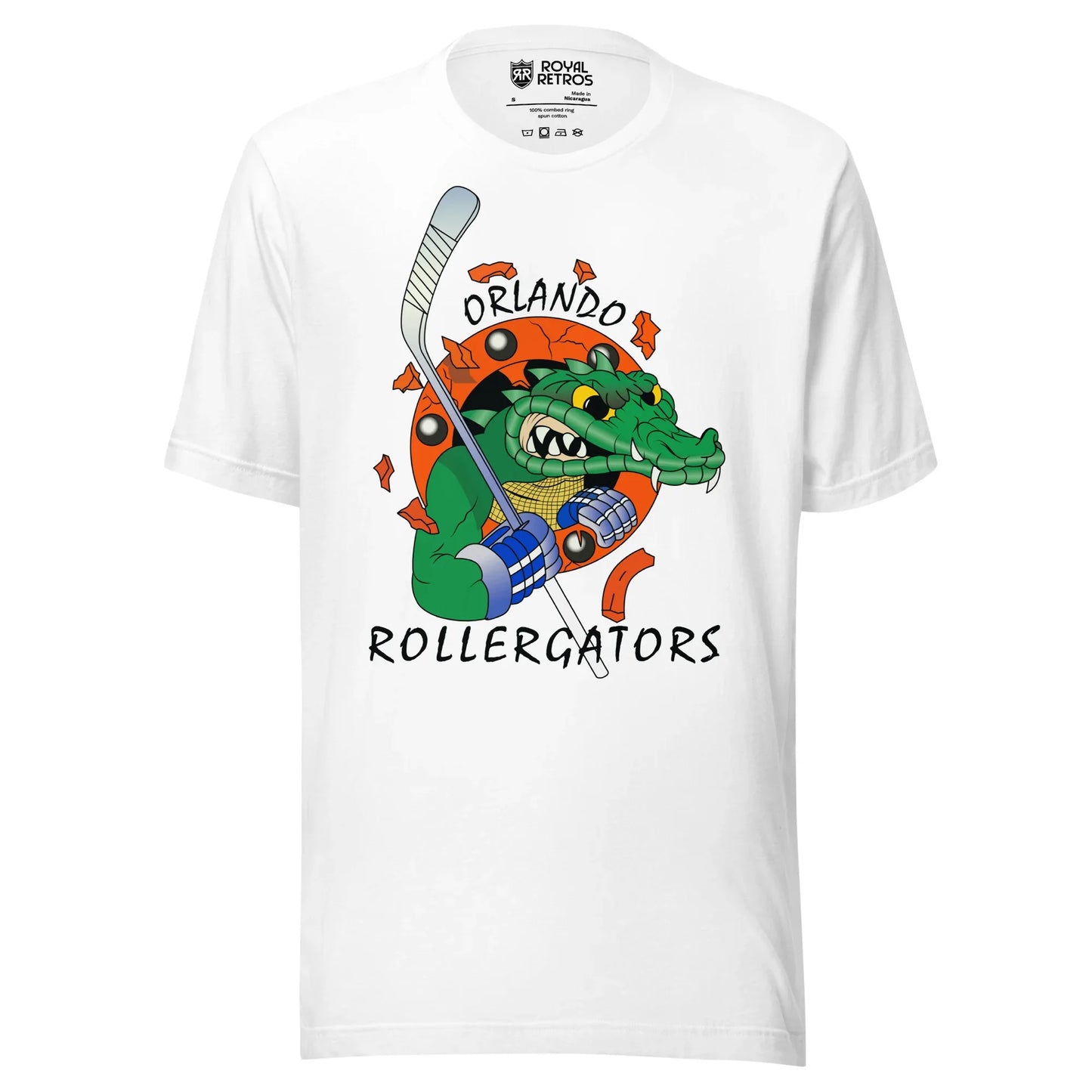 Orlando Rollergators roller hockey T-shirt. White. Menacing gator head over red circle. Gator is holding a hockey stick. Royal Retros.