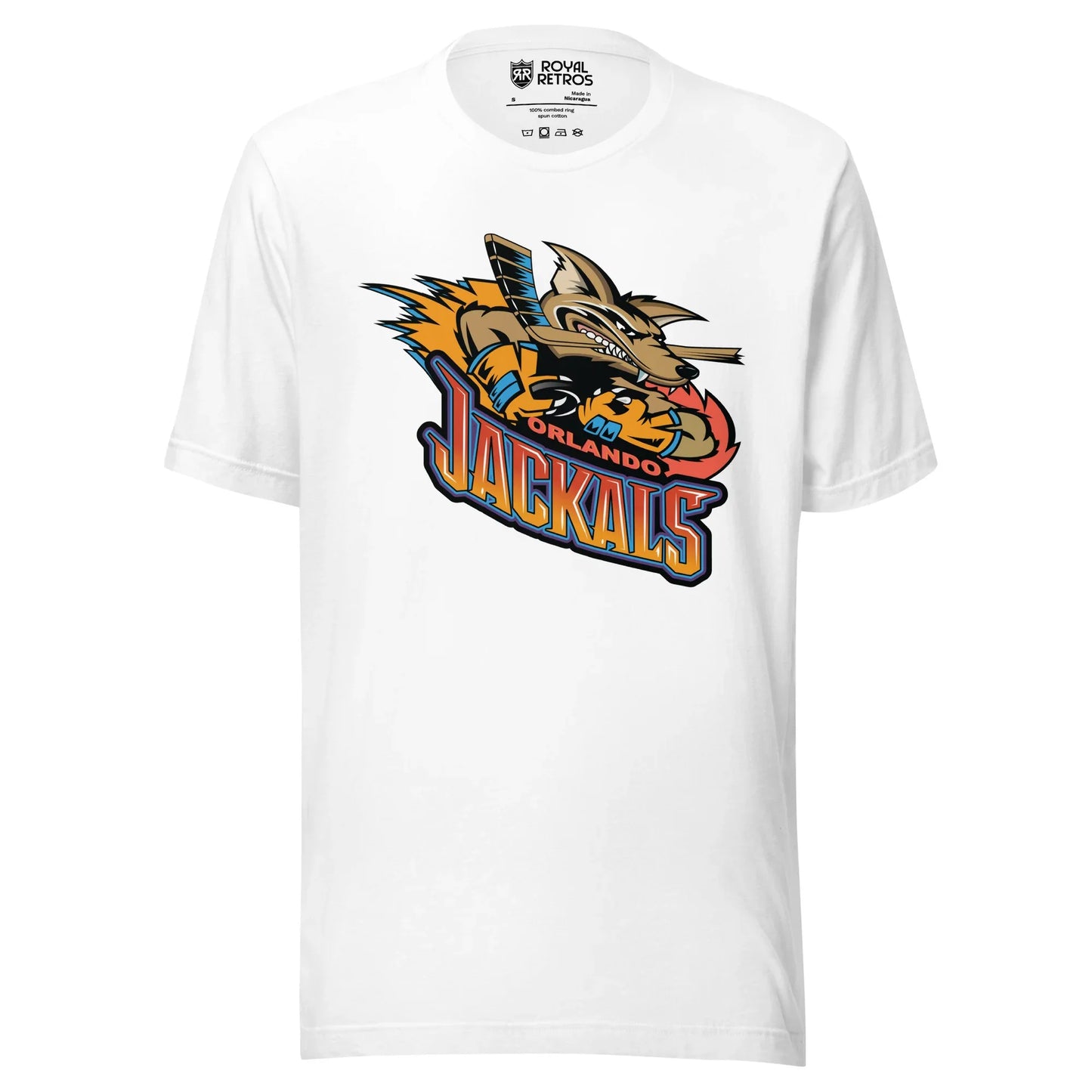 Orlando Jackals roller hockey T-shirt. White. Jackal holding hockey stick, with flames to the left. Orlando in red small just under jackal, JACKALS in red on top orange on bottom below. Royal Retros