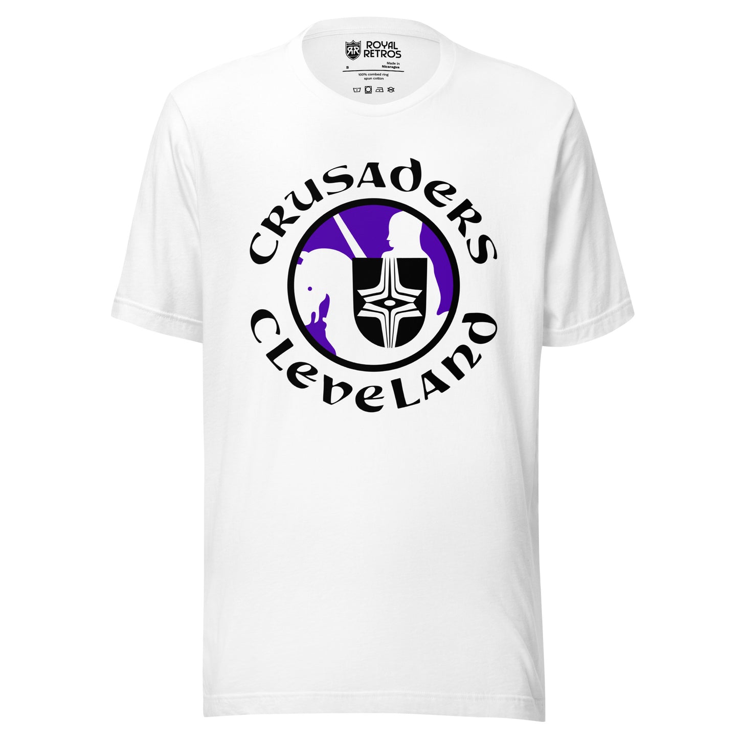 Cleveland Crusaders WHA T-shirt. Light Gray. Logo on chest: White circle with purple background with stylized knight on horse with black shield with white cross design. Horse is facing left. Crusaders in black curved over top of circle, Cleveland in black arched below. Royal Retros