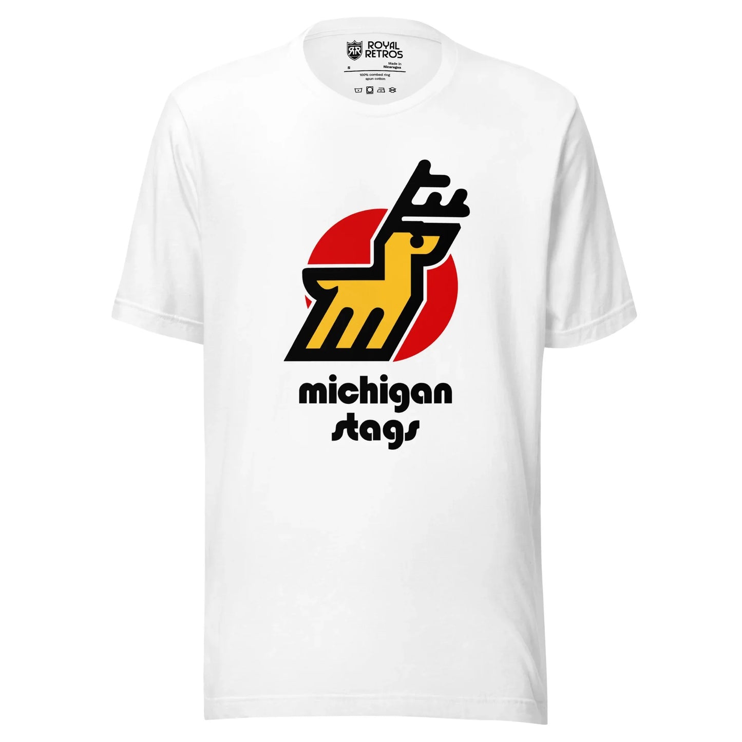 Michigan Stags WHA T-shirt. White. Stylized stag over red circle. Legs form "M." Michigan above Stags below in black in Bauhaus 93 typeface. Royal Retros