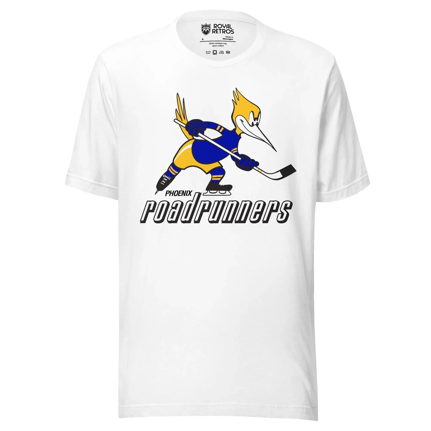 Phoenix Roadrunners T-shirt. White. Logo on chest of roadrunner holding a hockey stick facing right. Phoenix small in white over road runners large Royal Retros