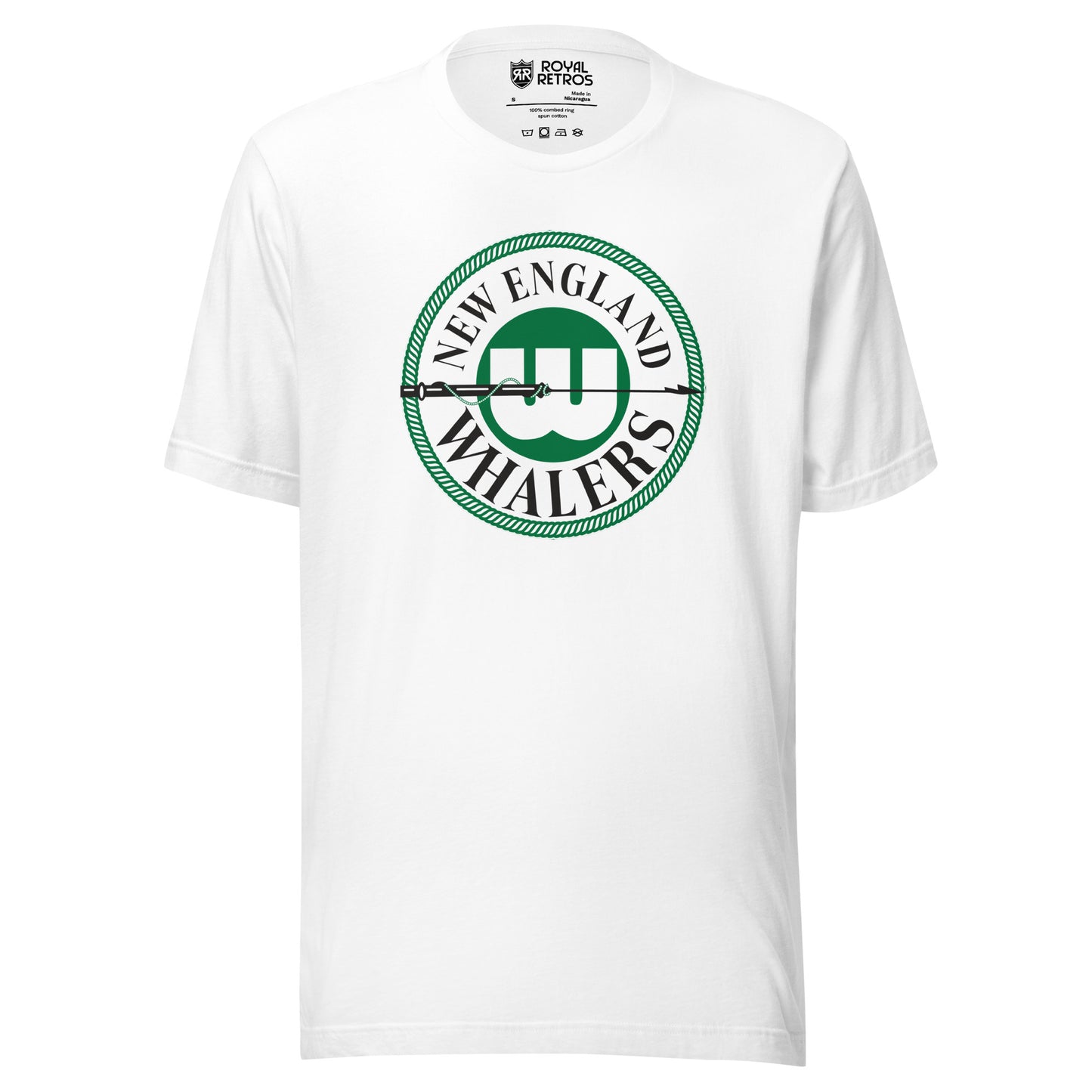 New England Whalers WHA T-shirt. White. Circular logo with green outline. New England above in circle, Whalers below. W on green background in center of circle with black harpoon across. Royal Retros