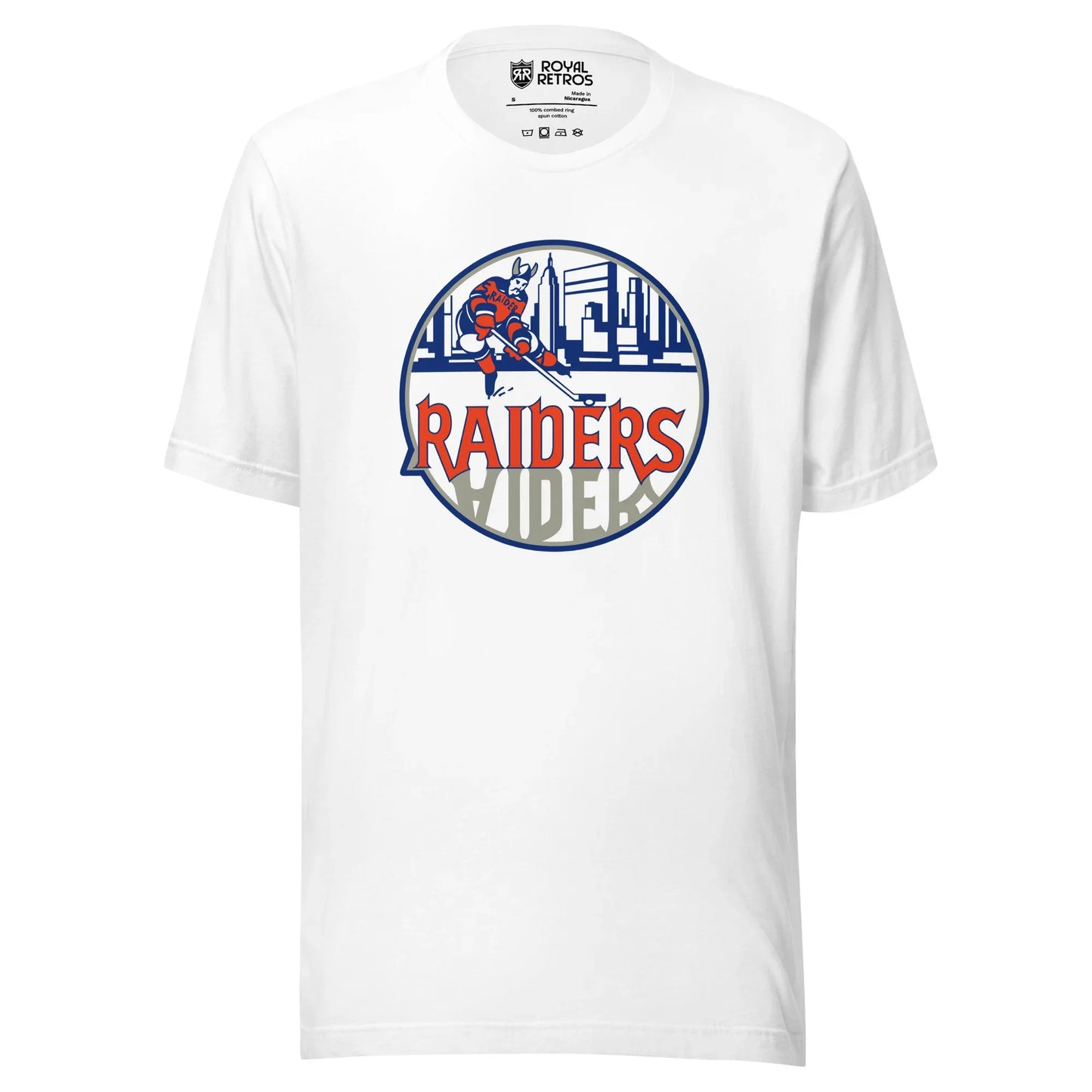 New York Raiders WHA T-shirt. White. Logo on chest. White circle, with hockey player skating in front of Manhattan Skyline in blue. Raiders in orange below skater, reflected in gray below. Royal Retros