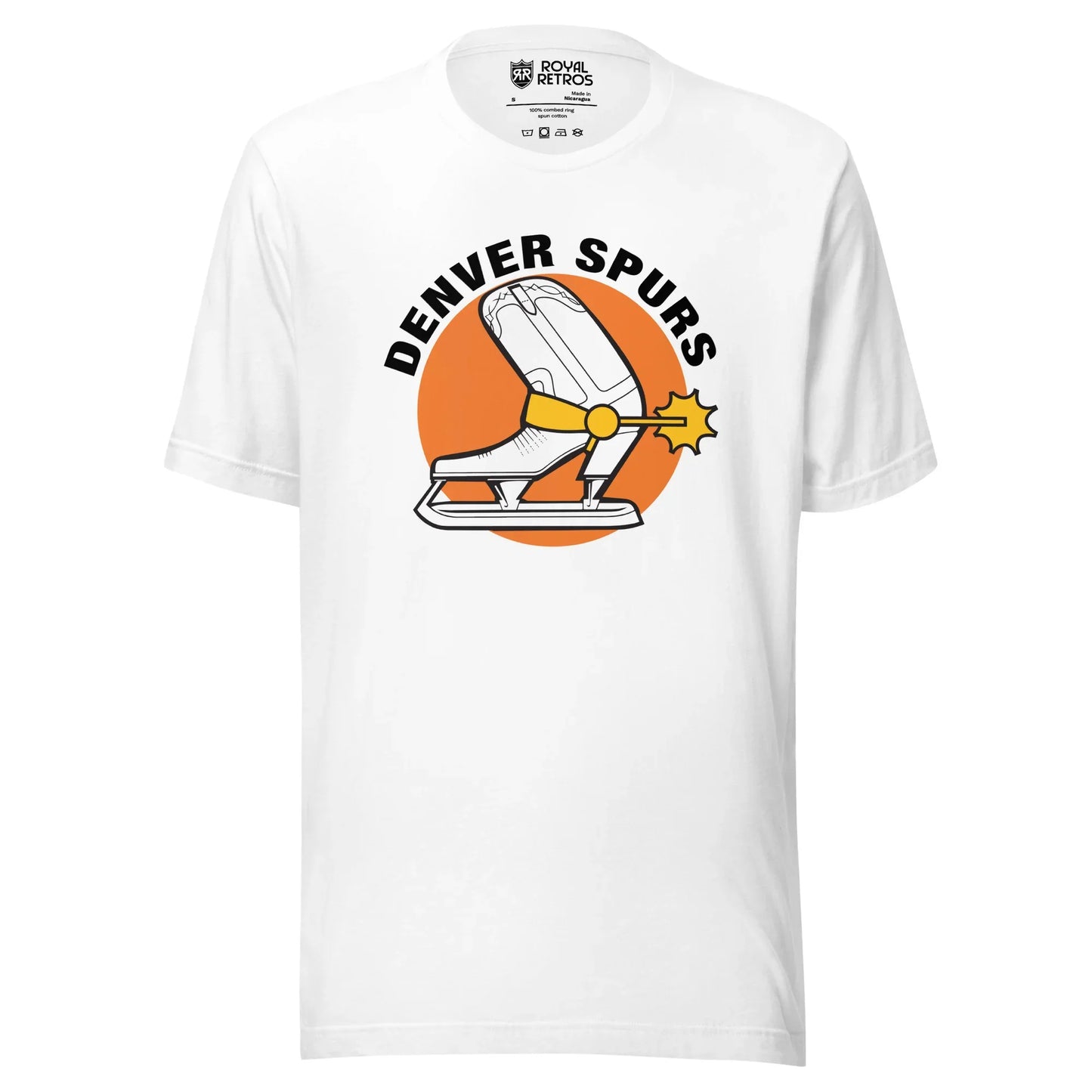 Denver Spurs WHA T-shirt. Light White. Denver Spurs in black arched over orange circle. White cowboy boot facing left, coming slightly out of circle. Skate underneath. Gold buckle and spur on boot/skate. Royal Retros