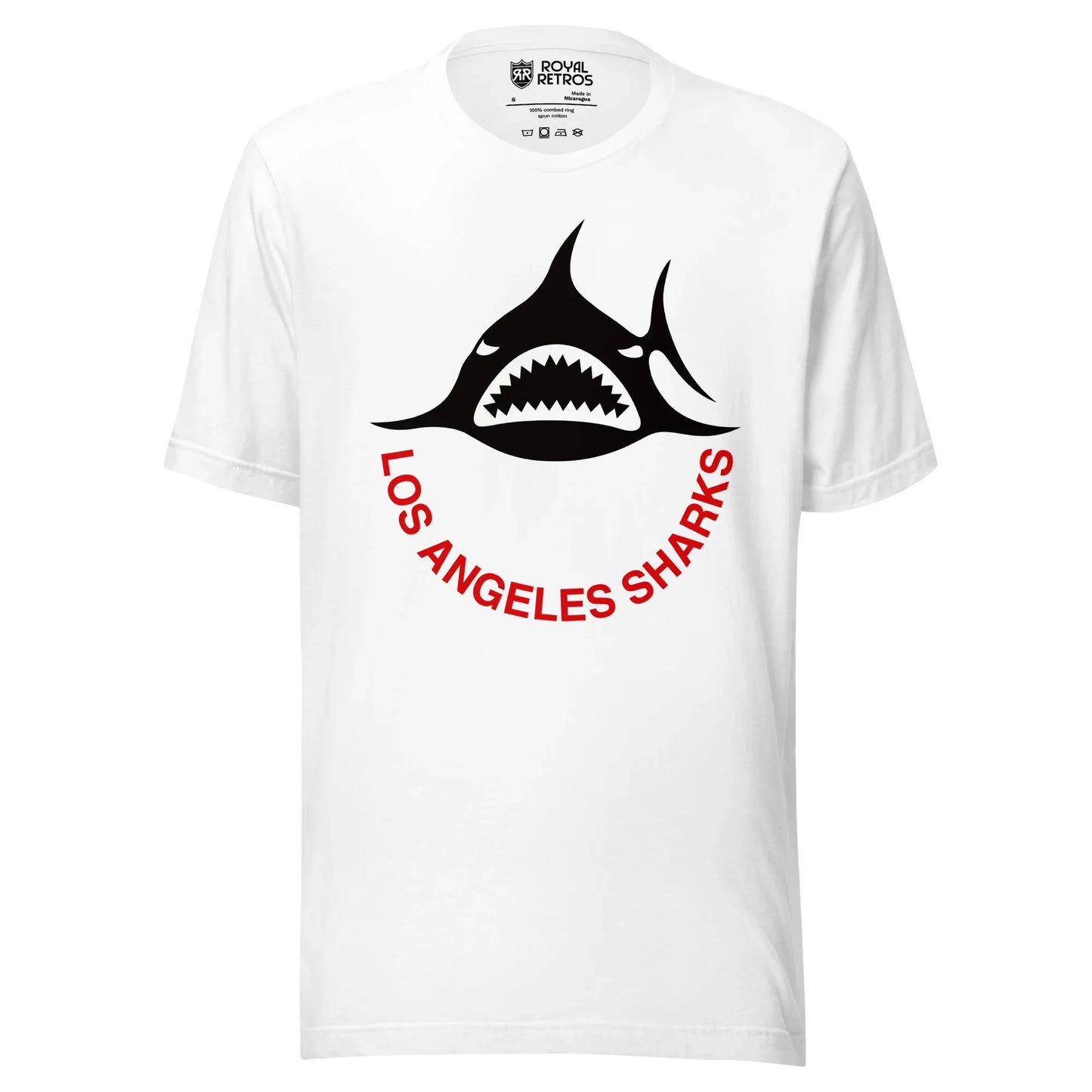 Los Angeles Sharks. WHA T-shirt. Black. Black shark, straight on, with white teeth. Los Angeles Sharks curved below in red. Royal Retros