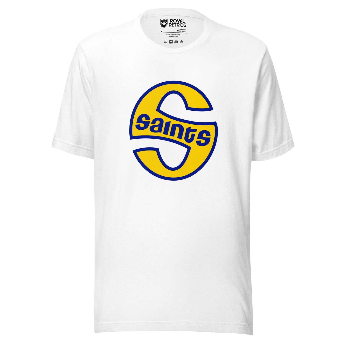 Minnesota Fighting Saints S logo T-shirt. White. Stylized gold S with white trim in the shape of an oval. SAINTS in blue across middle of S. Royal Retros