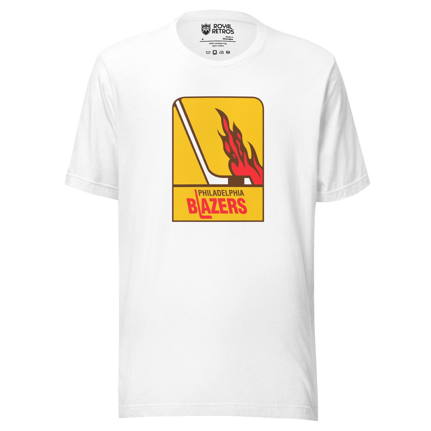 Philadelphia Blazers WHA T-shirt. White. Logo is vertical gold rectangle. Hockey stick in white facing right. Flames above the blade. Philadelphia in black small above Blazers larger in red. L is a hockey stick Royal Retros