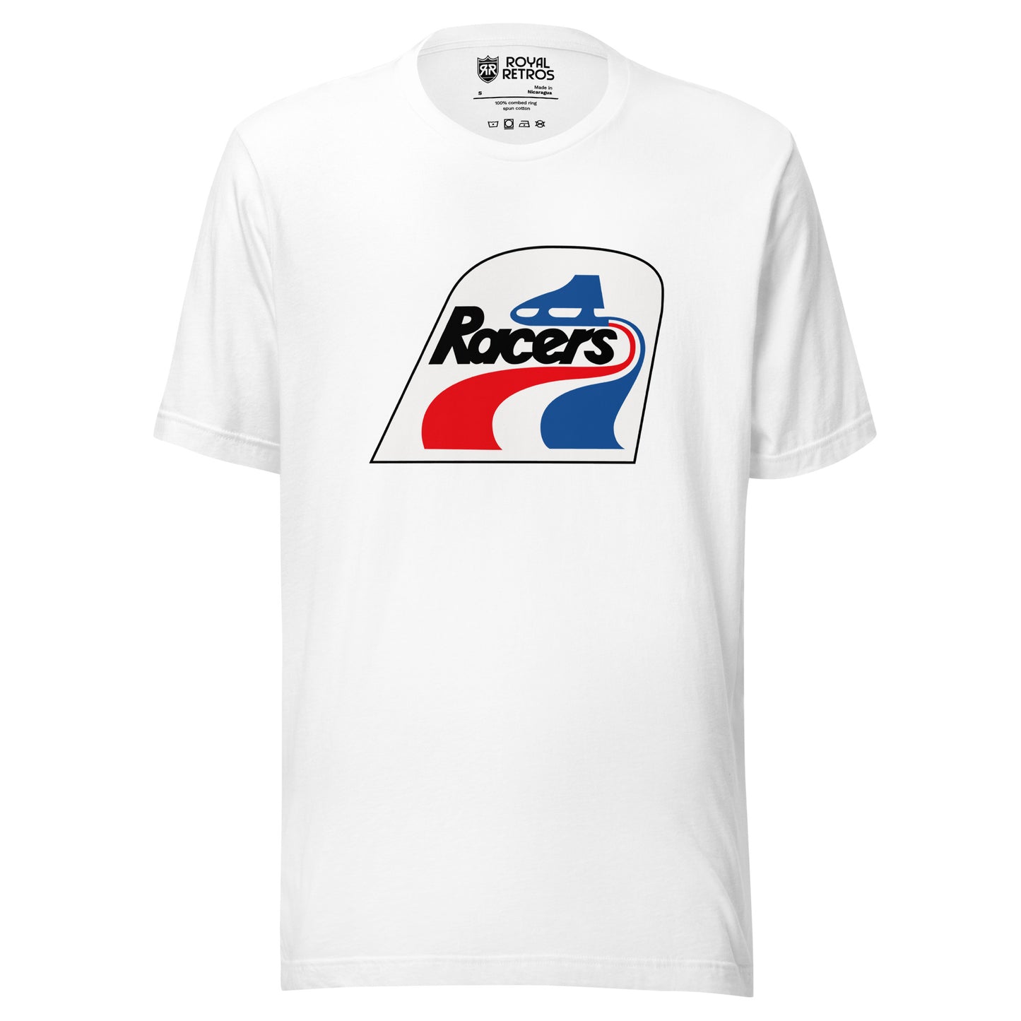 Indianapolis Racers WHA T-shirt. White. Logo is white square with curved top. Blue skate making red and blue waves. Racers in black below skate and above waves. Royal Retros