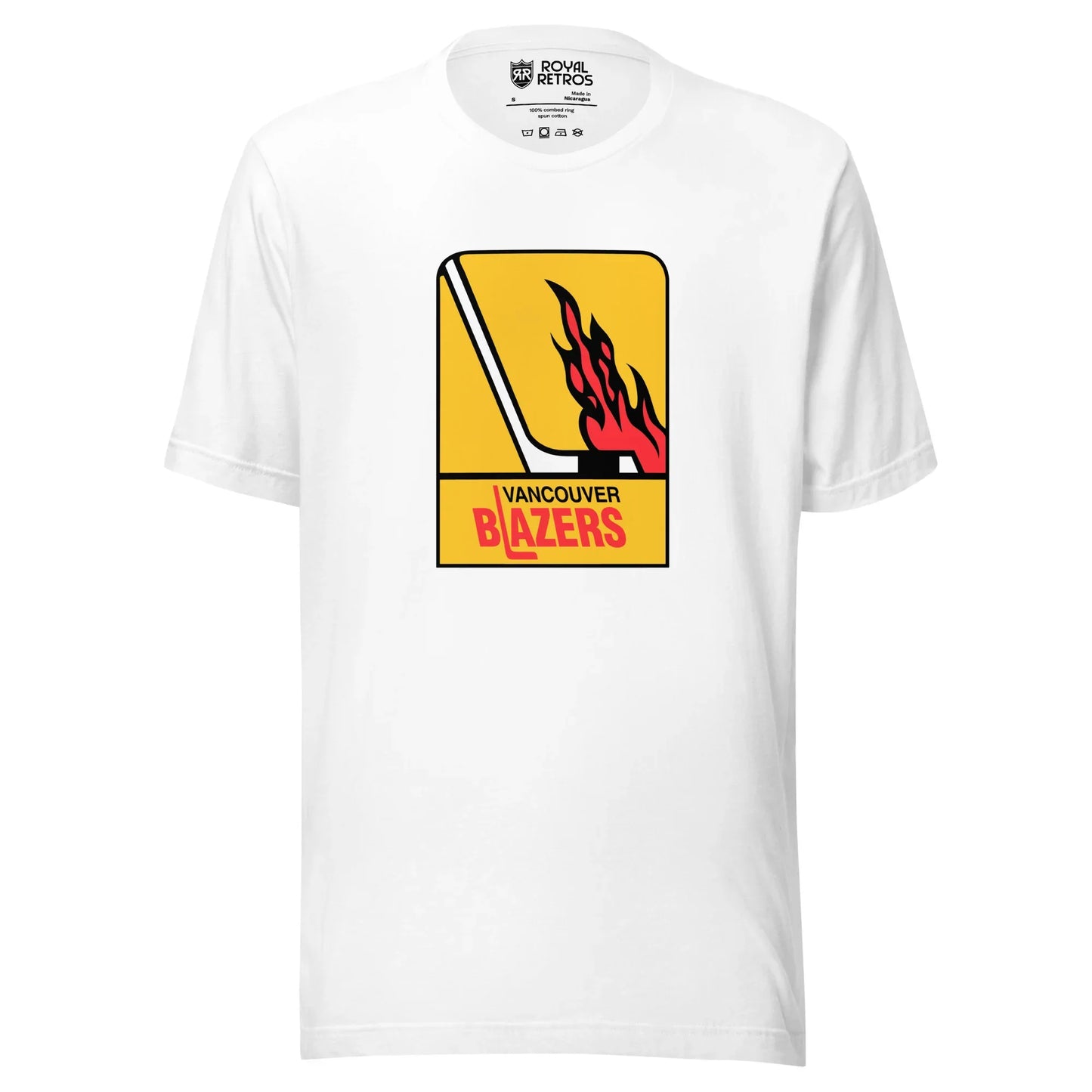 Vancouver WHA T-shirt. White. Logo is vertical gold rectangle. Hockey stick in white facing right. Flames above the blade. Vancouver in black small above Blazers larger in red. L is a hockey stick Royal Retros