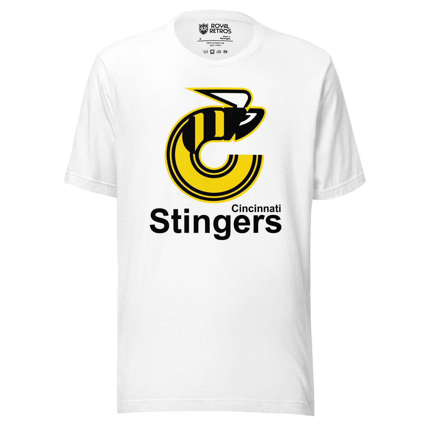 Cincinnati Stingers Black T-shirt White. Logo consists of the depiction of a bee in the shape of the letter "C". To the right and below the bee depiction is the literal element "CINCINNATI". The literal element "STINGERS" appears below "CINCINNATI". Royal Retros