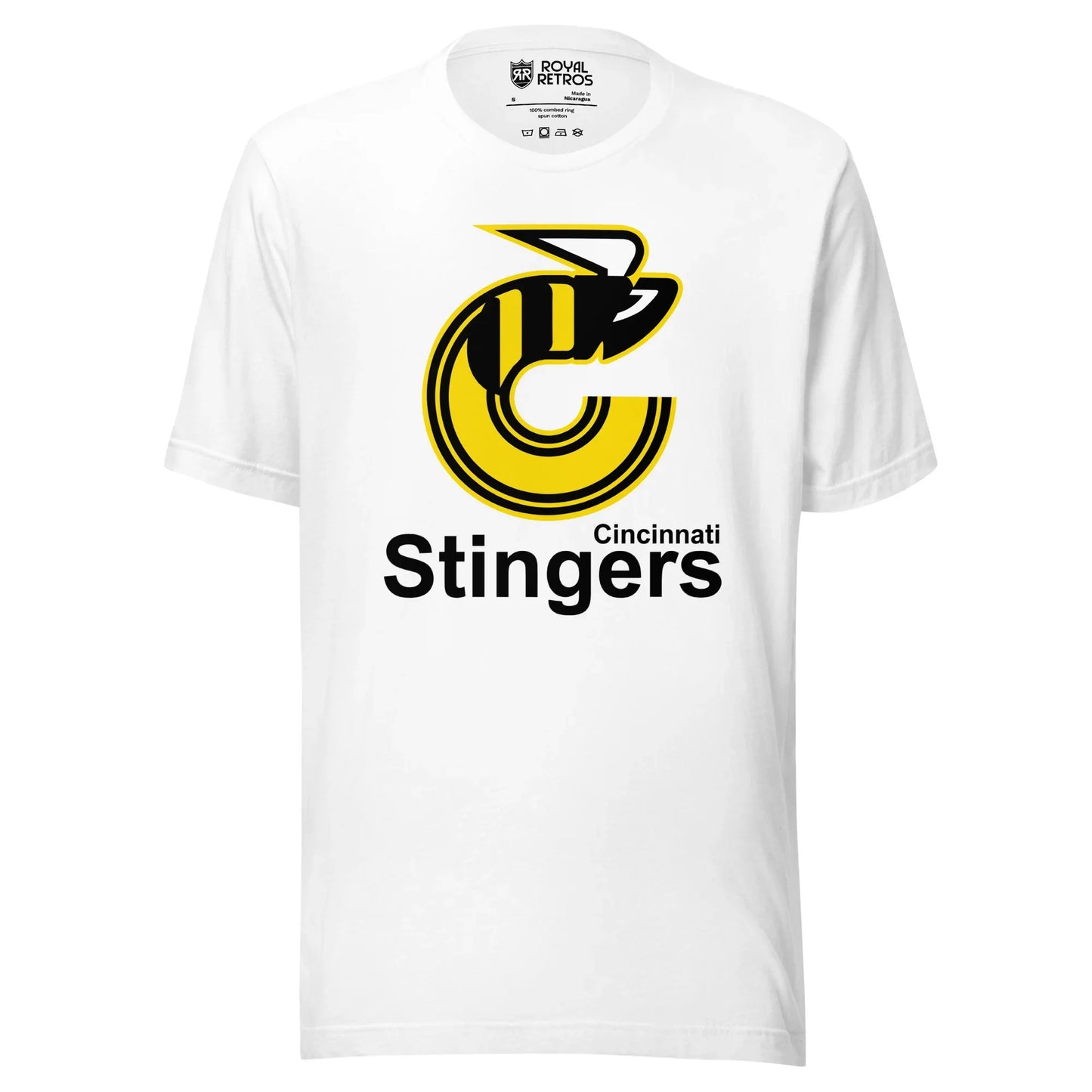 Cincinnati Stingers Black T-shirt White. Logo consists of the depiction of a bee in the shape of the letter "C". To the right and below the bee depiction is the literal element "CINCINNATI". The literal element "STINGERS" appears below "CINCINNATI". Royal Retros
