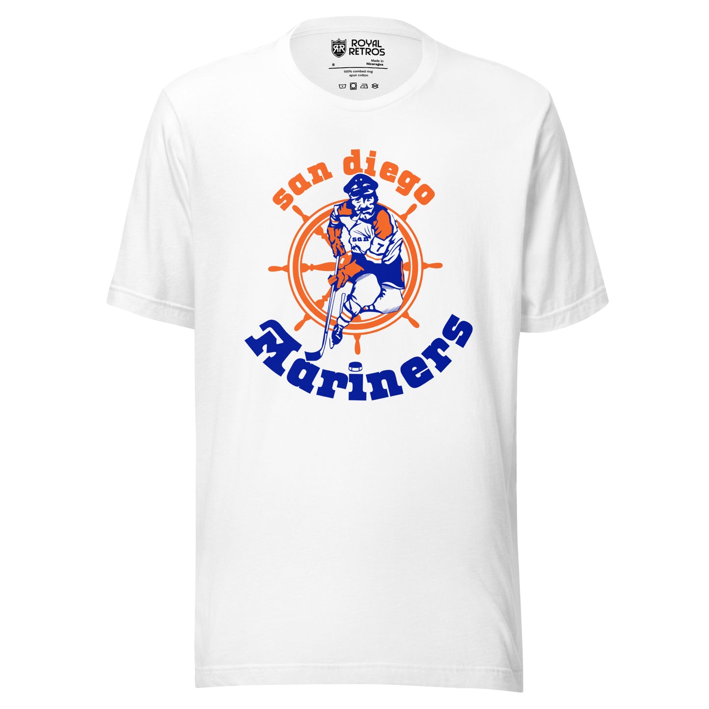 San Diego Mariners T-shirt white. San Diego arched in orange above sailor skating coming at viewer, over orange and white ship's wheel. Mariners in blue arched underneath. Royal R