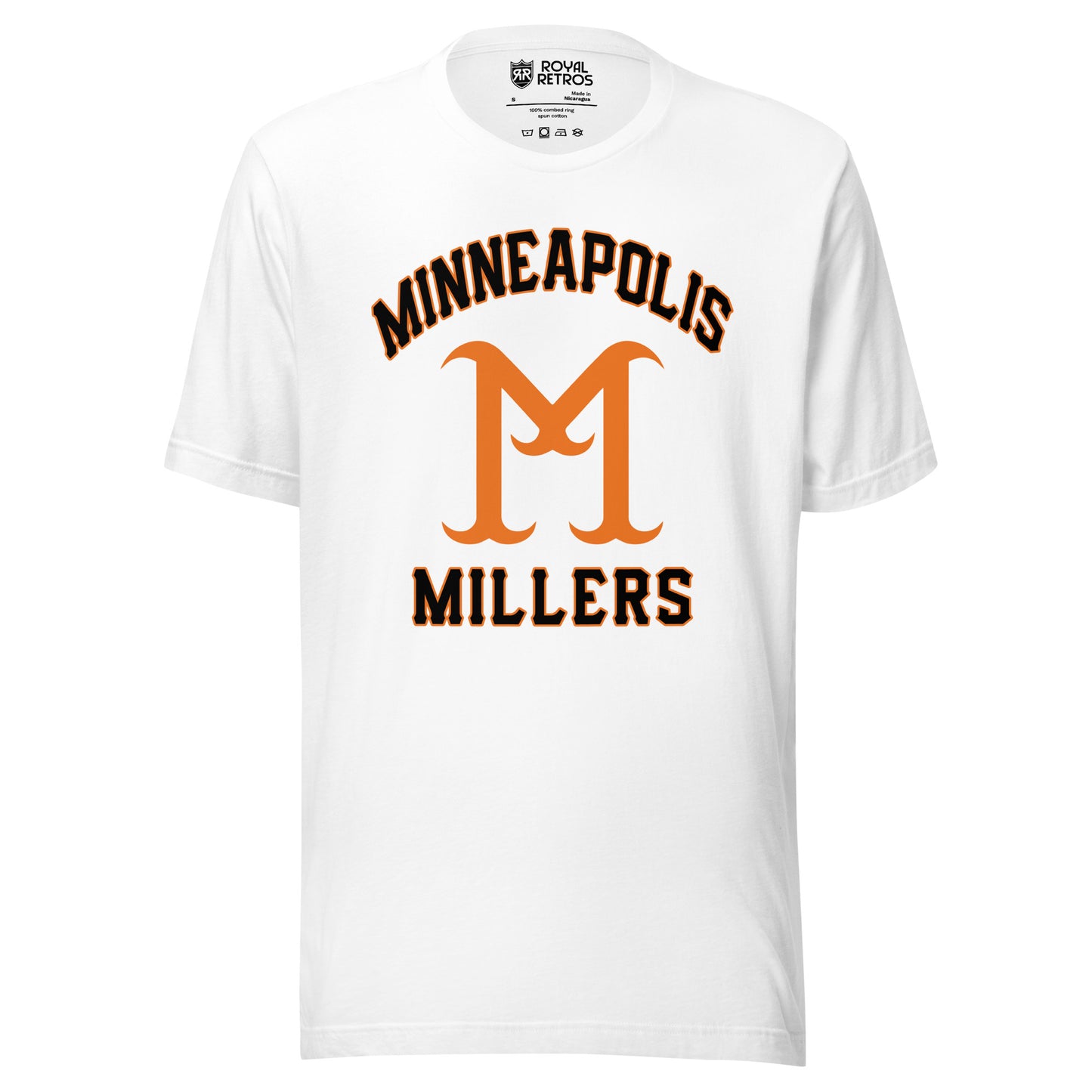 Minneapolis Millers baseball T-shirt white. Minneapolis in black with orange trim arched above large orange M. Millers in black with orange trim below. Royal Retros