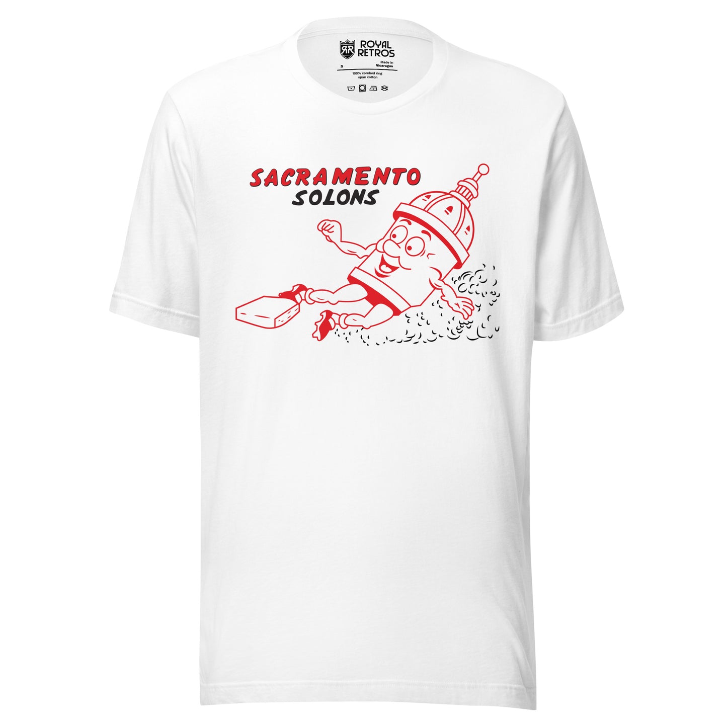 Sacramento Solons T-shirt white. Cartoon state capitol building, white with red trim, sliding into a base, right to left. Sacramento in red, Solons in gray below, to upper left of capitol. Royal Retros