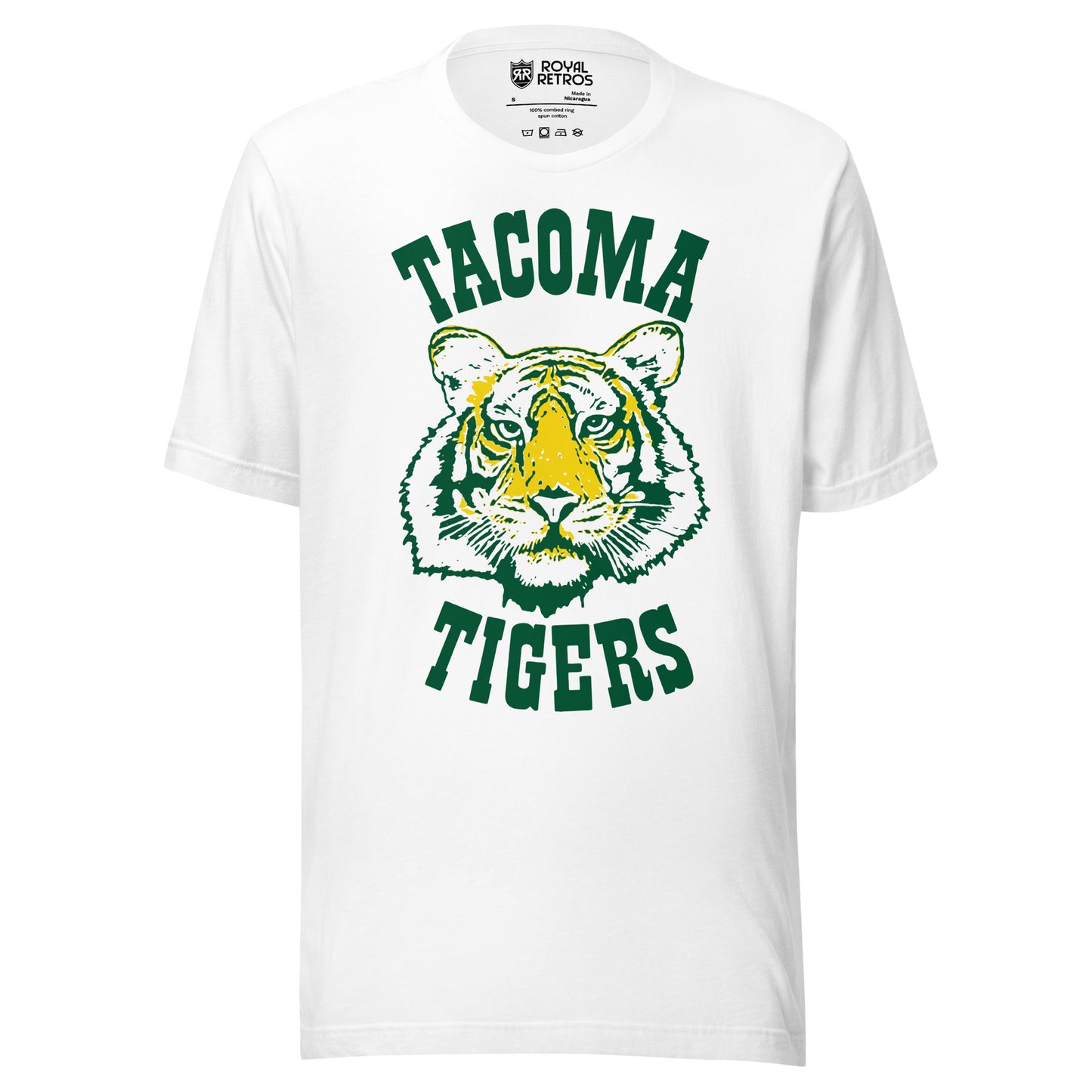 Tacoma Tigers baseball T-shirt. White. Tacoma arched above in bold Rockwell typeface green. Tiger face in middle, yellow, green and white. Tigers arched up below in bold Rockwell typeface green. Royal Retros