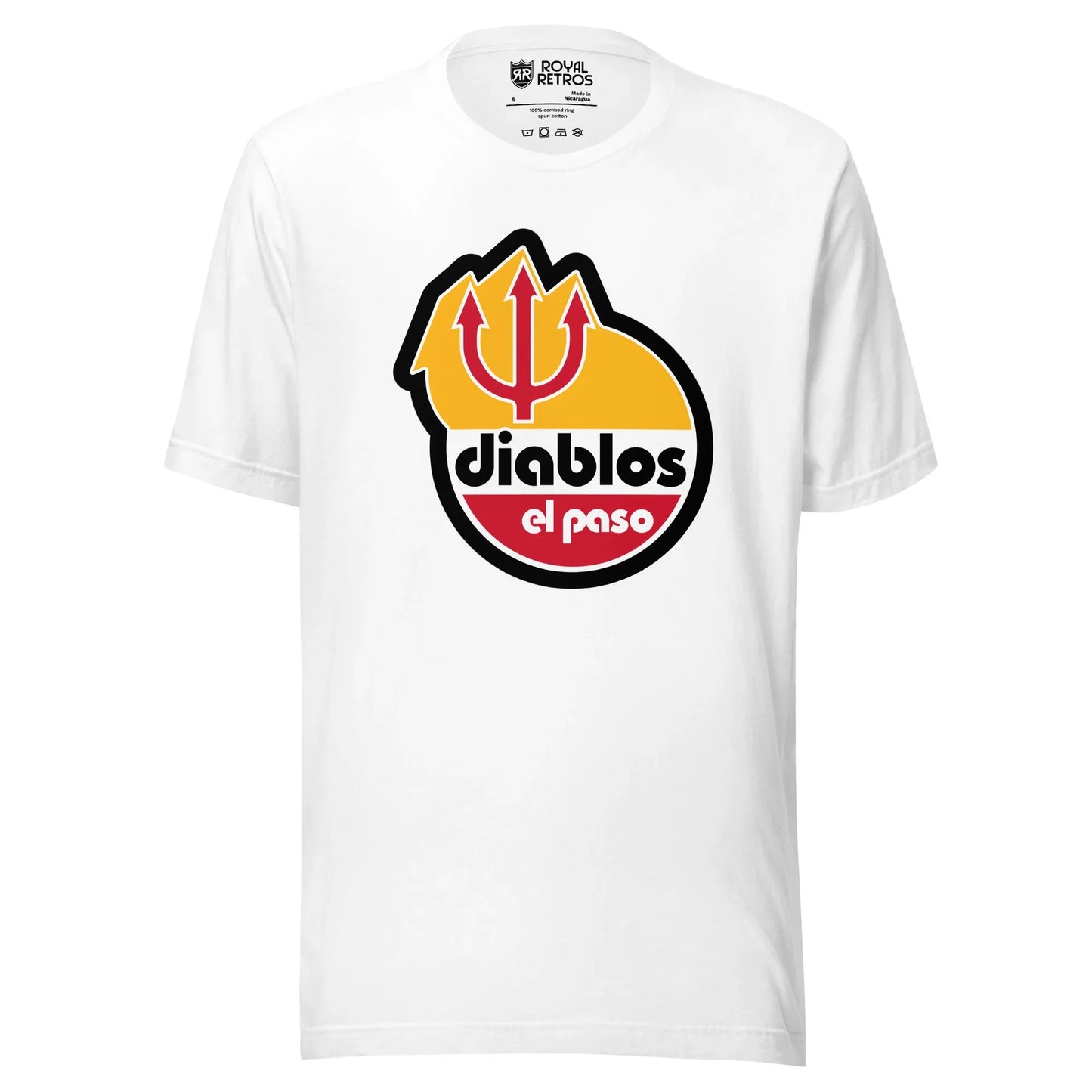 El Paso Diablos baseball T-shirt. White. Diablos logo with red pitchfork on gold background. Diablos lowercase black on white background in Bauhaus typeface above el paso lowercase in white on red background in Bauhaus typeface. Royal Retros