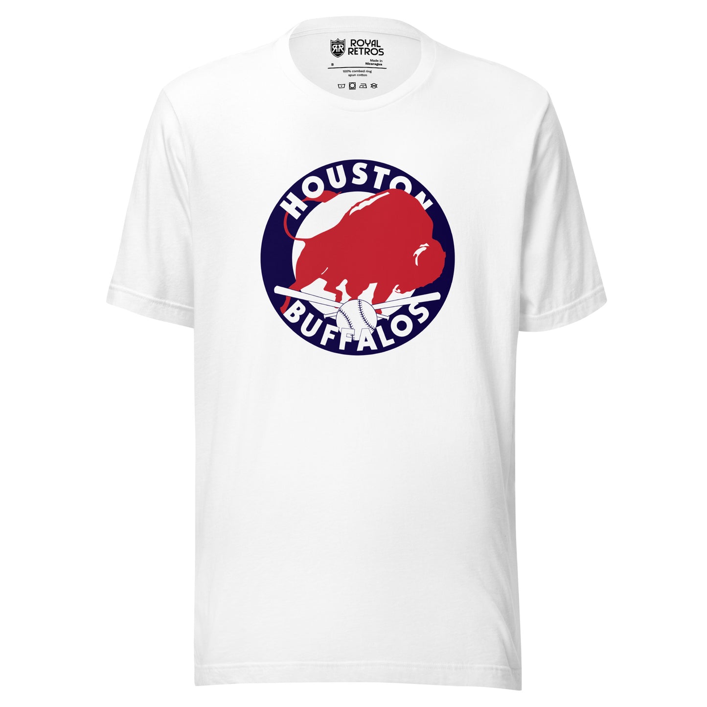 Houston Buffalos baseball T-shirt White. Blue circle, Houston arched in white inside top, Buffalos arched up white at bottom of circle. White background inside of circle. Red buffalo to the right inside. Royal Retros