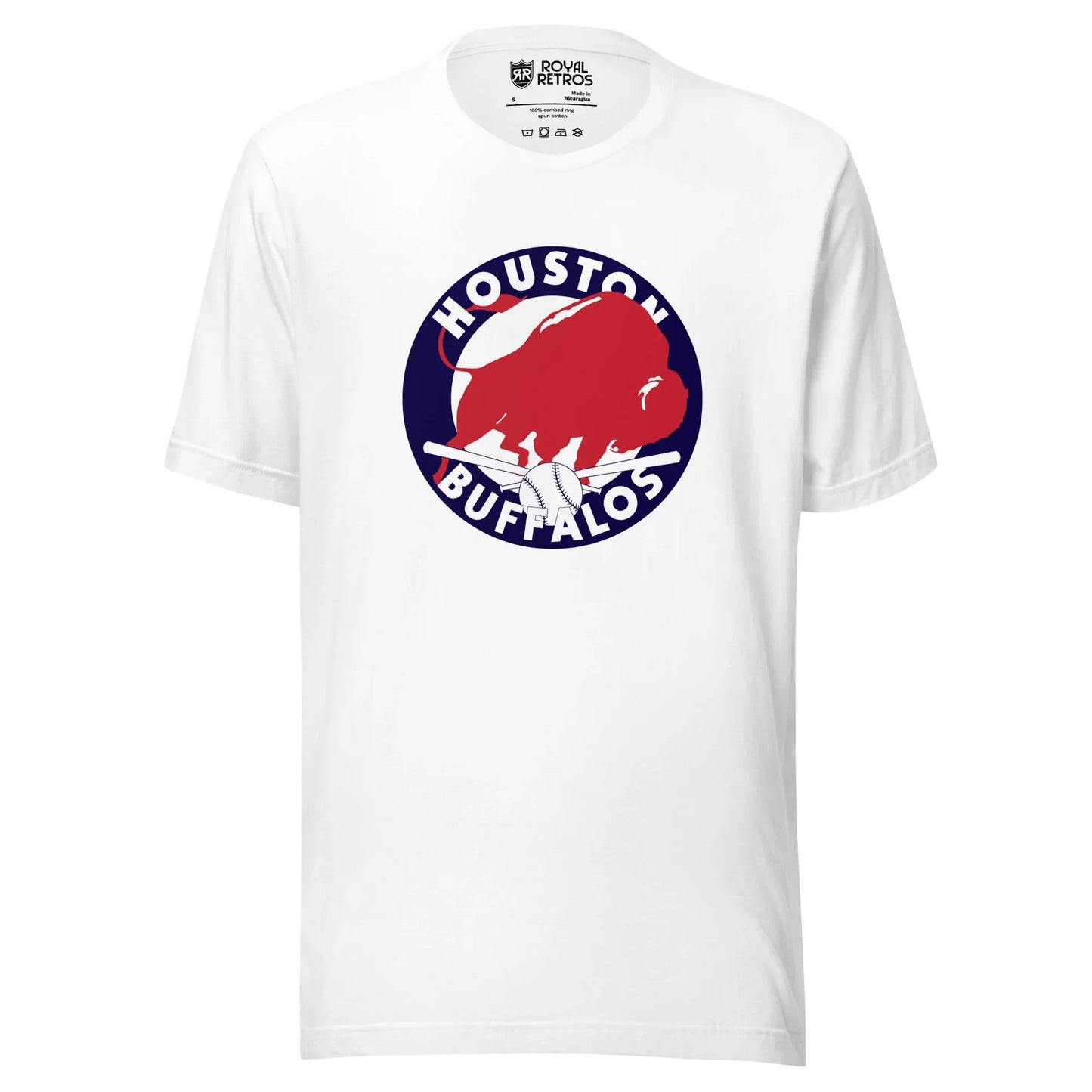 Houston Buffalos baseball T-shirt White. Blue circle, Houston arched in white inside top, Buffalos arched up white at bottom of circle. White background inside of circle. Red buffalo to the right inside. Royal Retros
