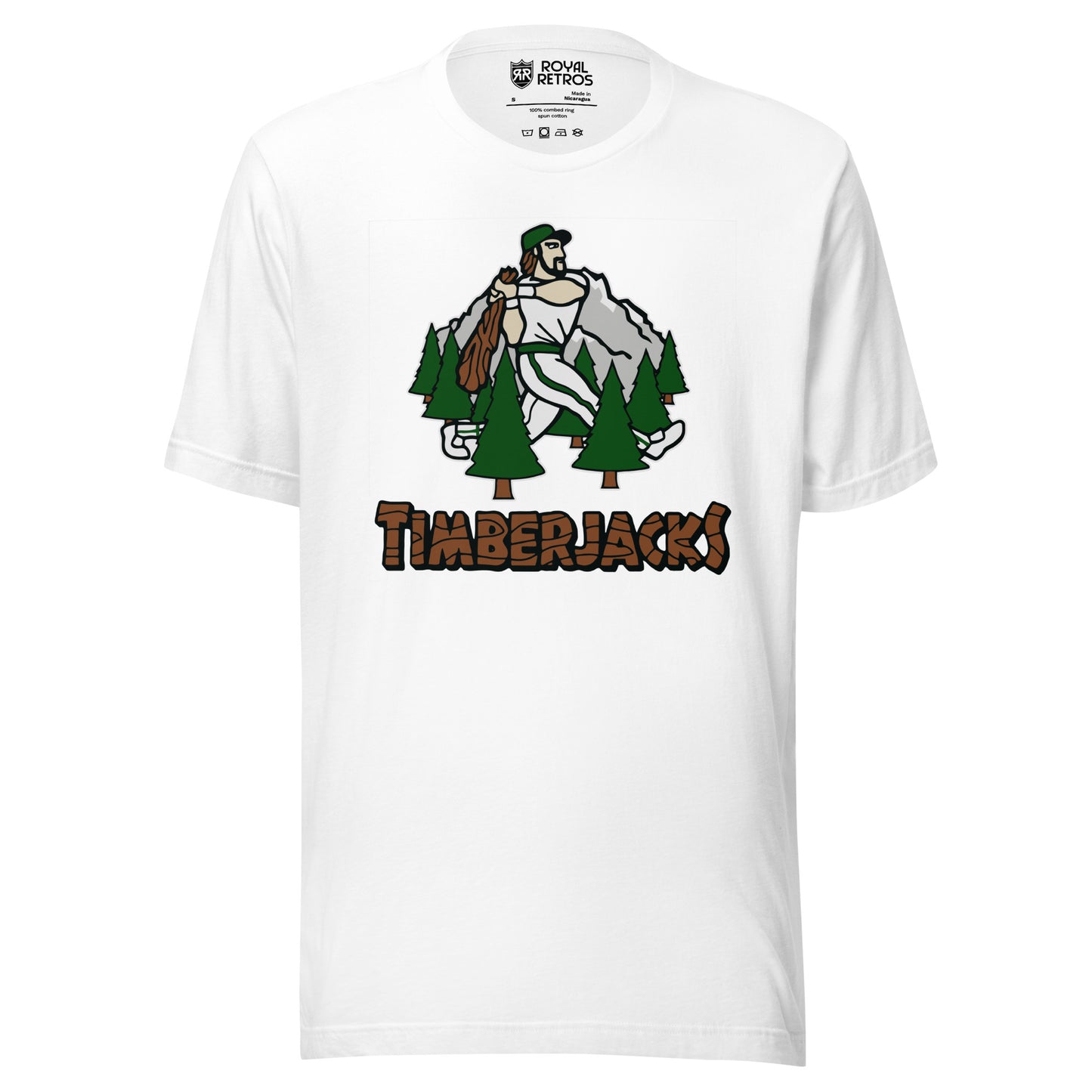 Southern Oregon Timberjacks baseball T-shirt. White. Mountain with lumberjack walking and swinging bat surrounded by 7 evergreen trees. Timberacks in log/timber typeface below. Royal Retros