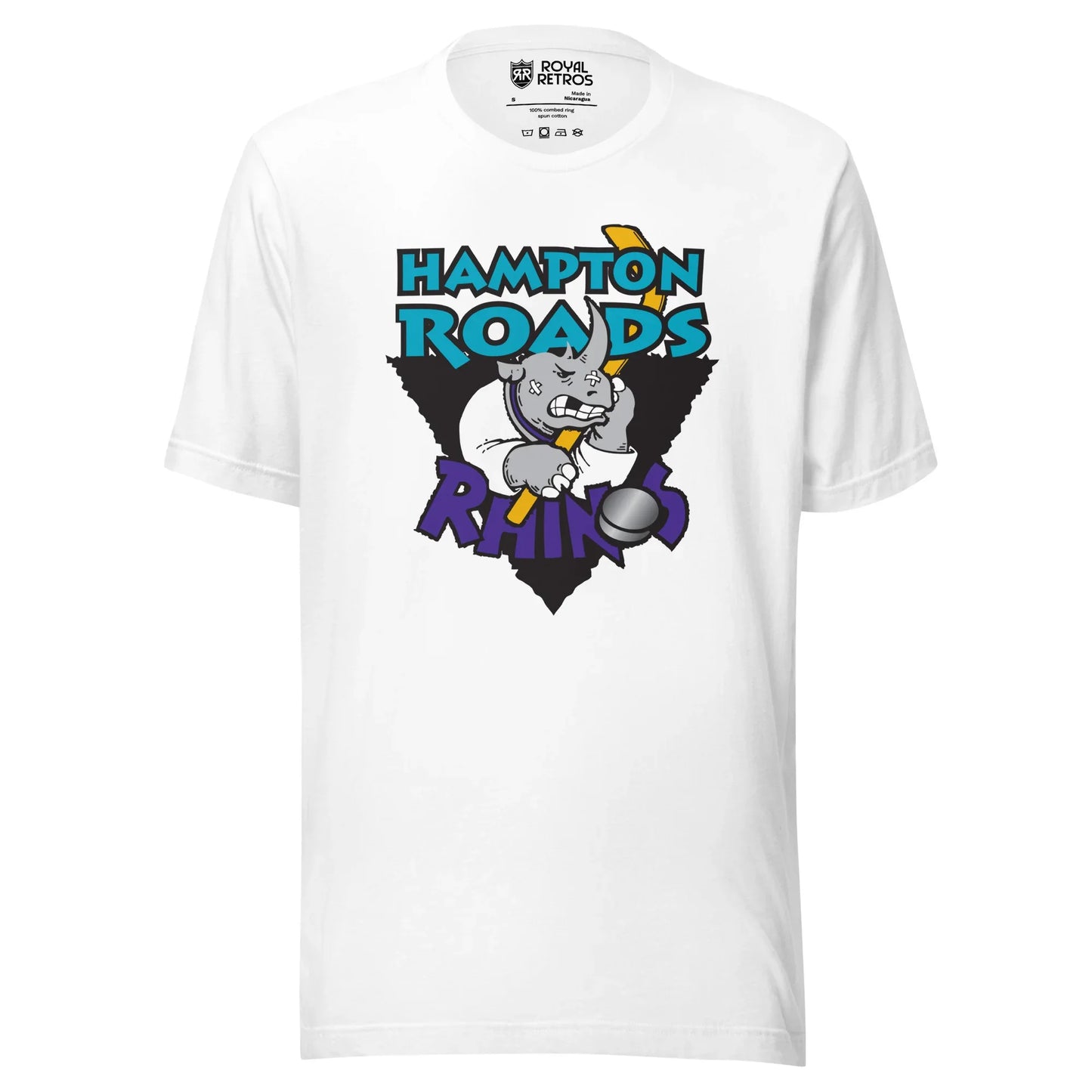 White Hampton Roads Rhinos T-Shirt featuring a cartoon rhino design. Ryal Retros