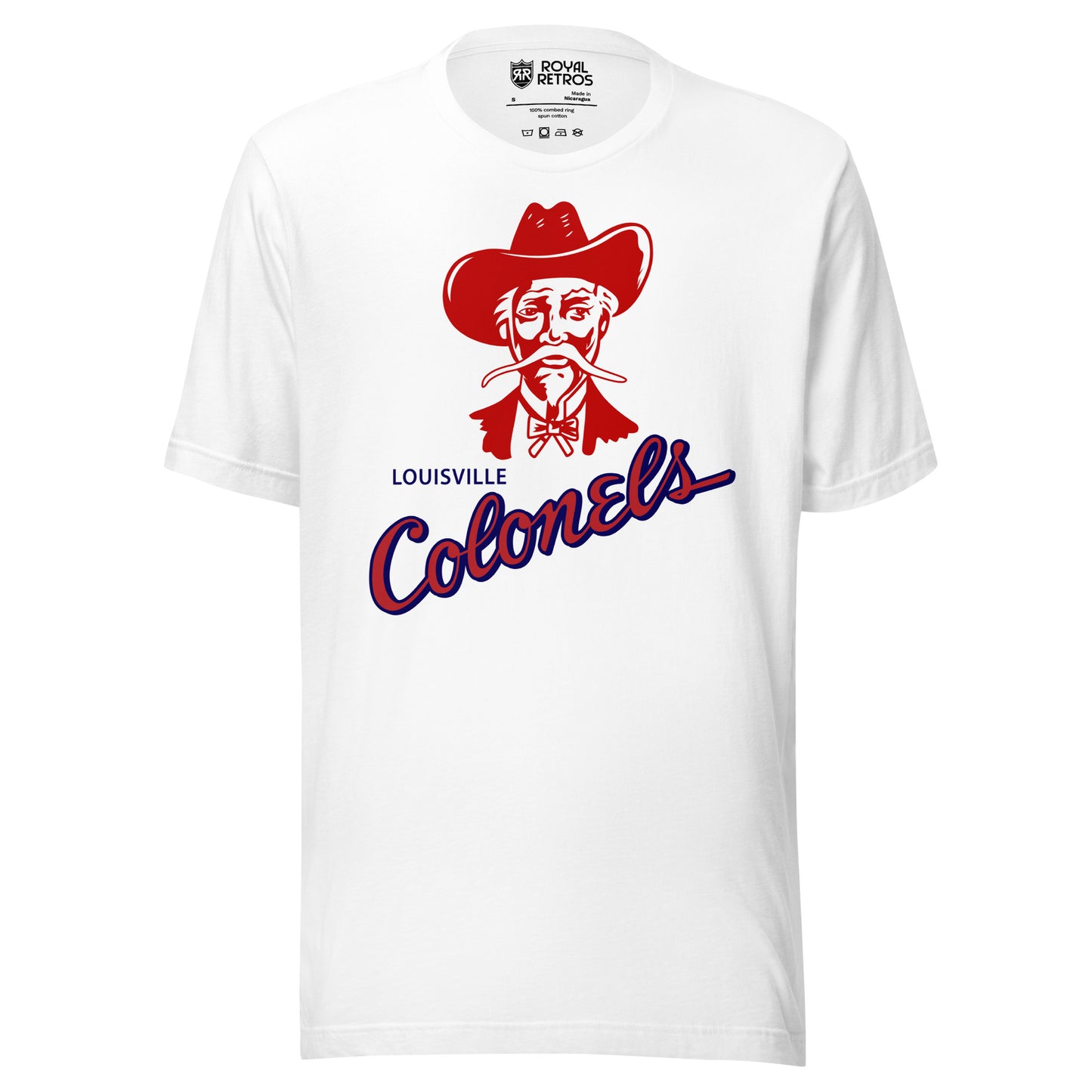 Louisville Colonels baseball T-shirt. White. Red and white colonel facing viewer in red cowboy hat, long white moustache, bow tie, and red jacket. Colonels angled from lower left to upper right below colonel. Red with blue trim. Royal Retros.