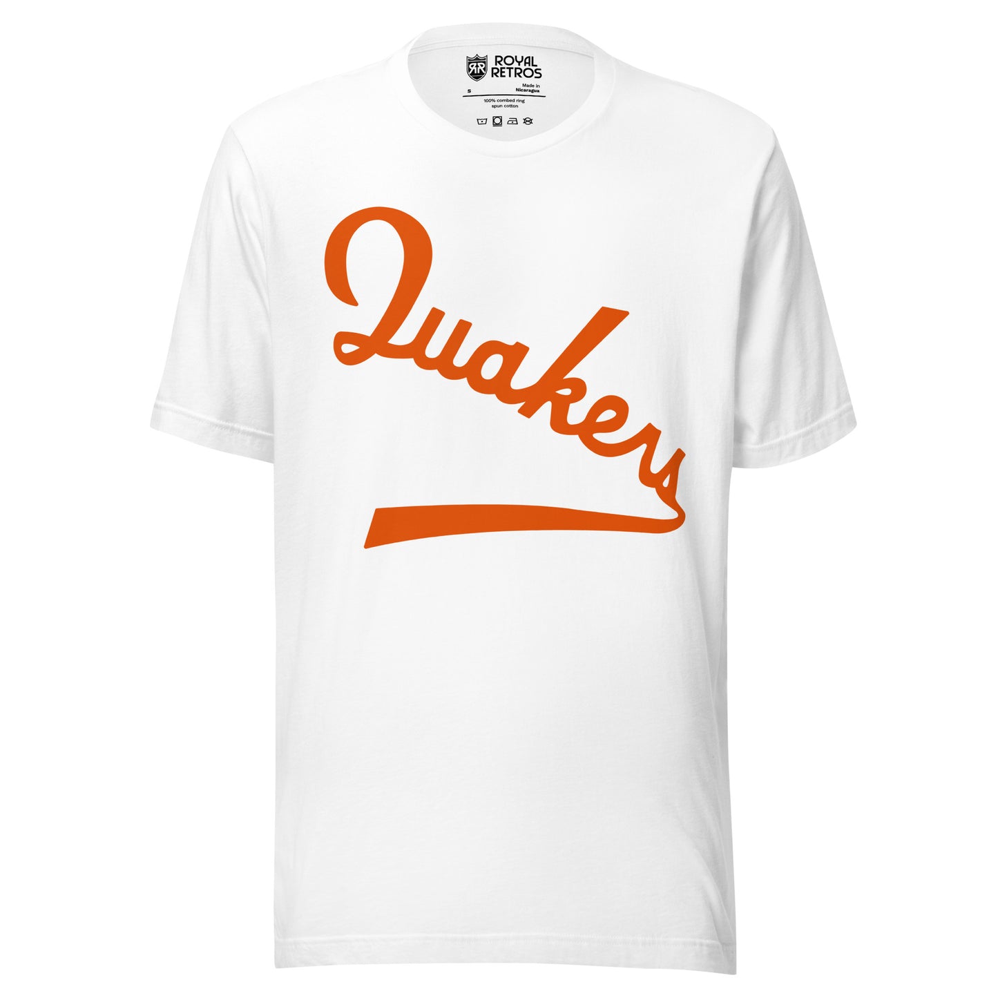 Philadelphia Quakers hockey T-shirt. White. Quakers in orange script diagonal down left to right, with tail coming off S. Royal Retros