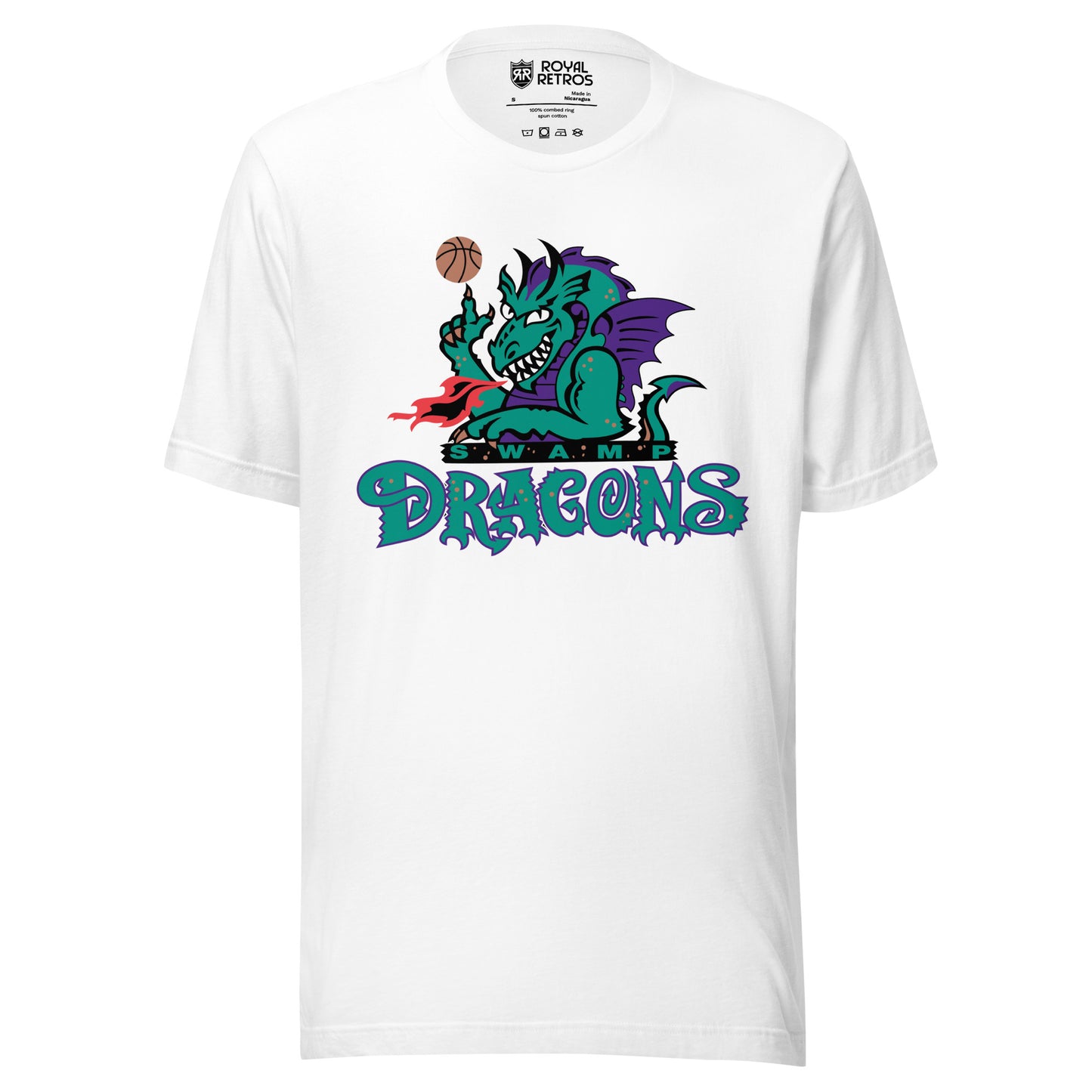 New Jersey Swamp Dragons T-Shirt White. Dragon spinning a basketball with DRAGONS wordmark underneath. Royal Retros