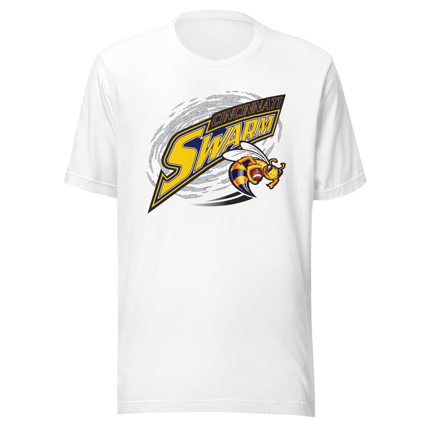 Cincinnati Swarm af2 arena football T-shirt. White. Gray cloud. Angled word logo. Cincinnati small in blue with gold outline above large Swarm gold with blue outline. Wasp holding a football to the lower right. Royal Retros