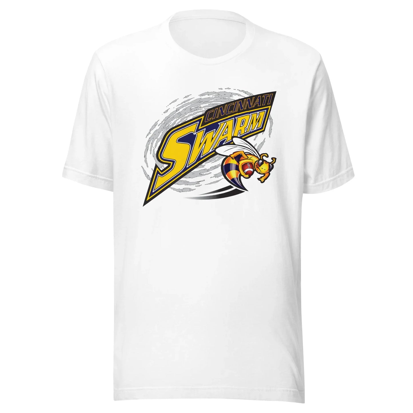 Cincinnati Swarm af2 arena football T-shirt. White. Gray cloud. Angled word logo. Cincinnati small in blue with gold outline above large Swarm gold with blue outline. Wasp holding a football to the lower right. Royal Retros