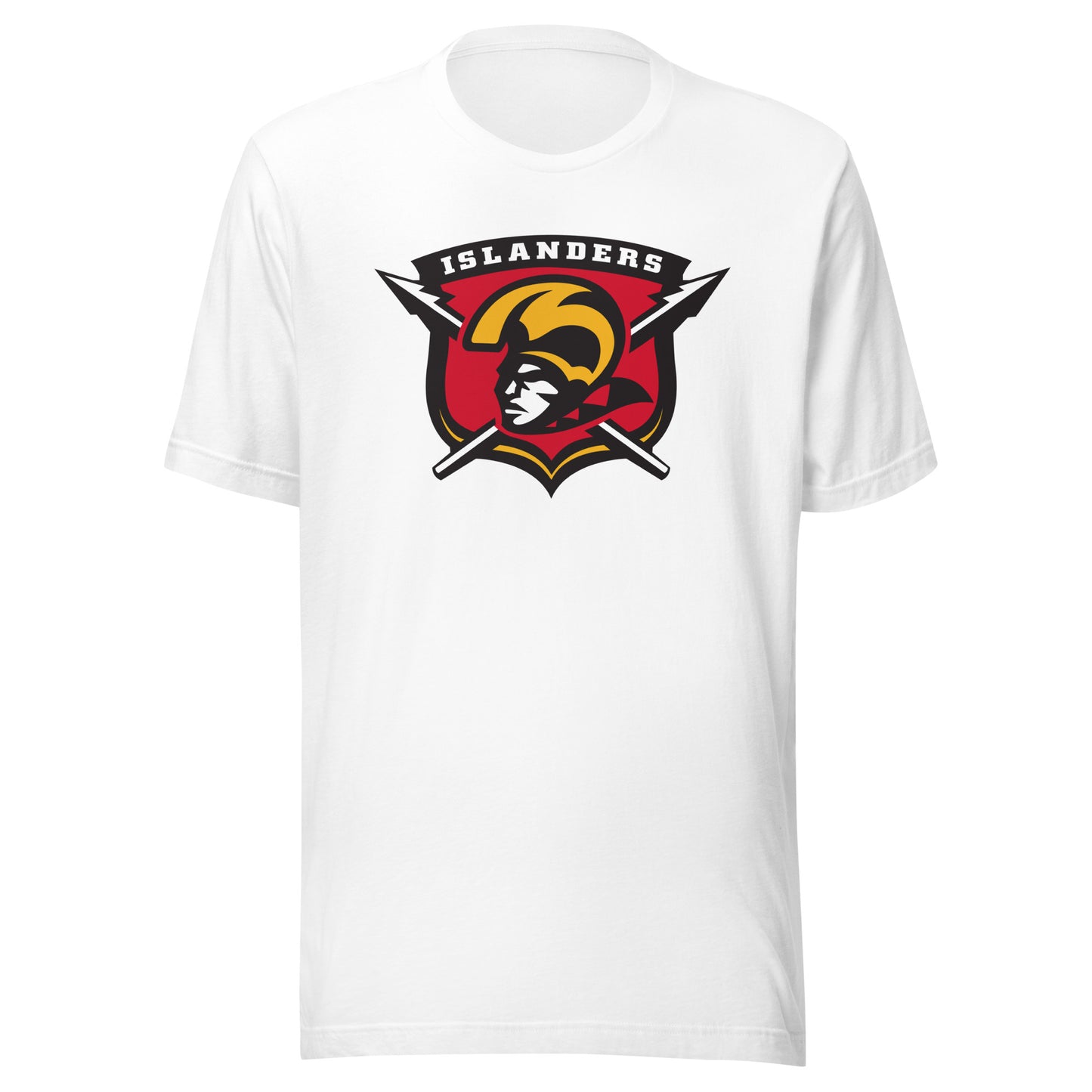 Hawaiian Islanders af2 arena football T-shirt. White. Shield. Islanders in white at top of shield. Red inside. Spears protruding from left and right of shield. Warrior head with gold headgear facing left. Royal Retros