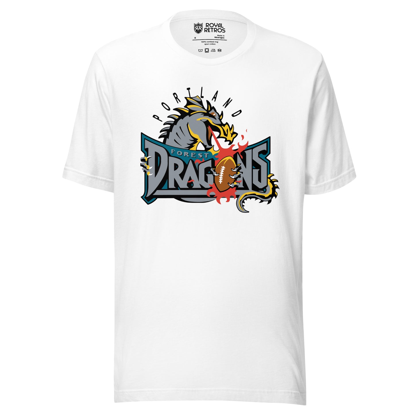 Portland Forest Dragons Arena Football league T-shirt. White. Portland in black arched. Gray dragon head breathing fire over Forest in small silver on green background, Dragons large in sliver below with football as the O. Royal Retros