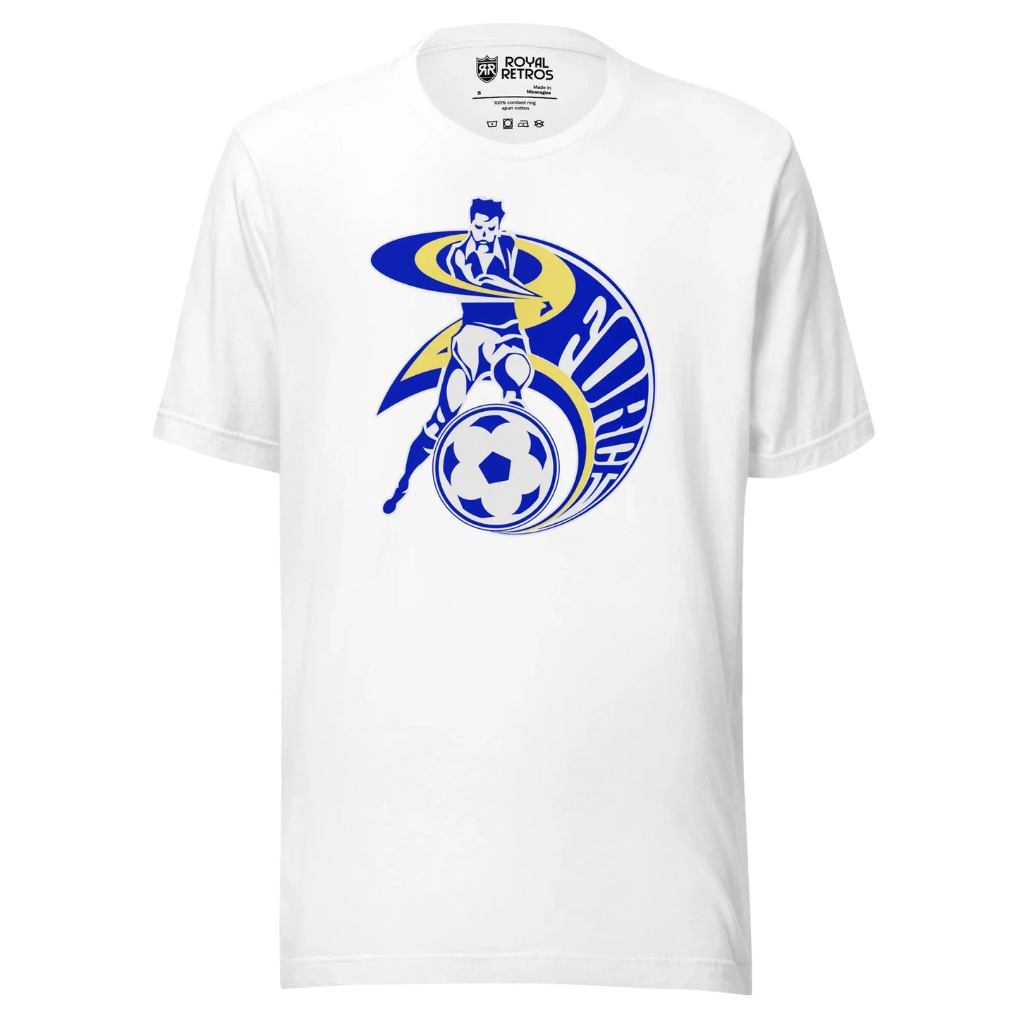 Cleveland Force Major Indoor Soccer League MISL T-shirt. White. Player with foot on soccer ball arm has blue and gold swoops coming off arm and around player. FORCE inside the swoop going down the right side of the player. Royal Retros