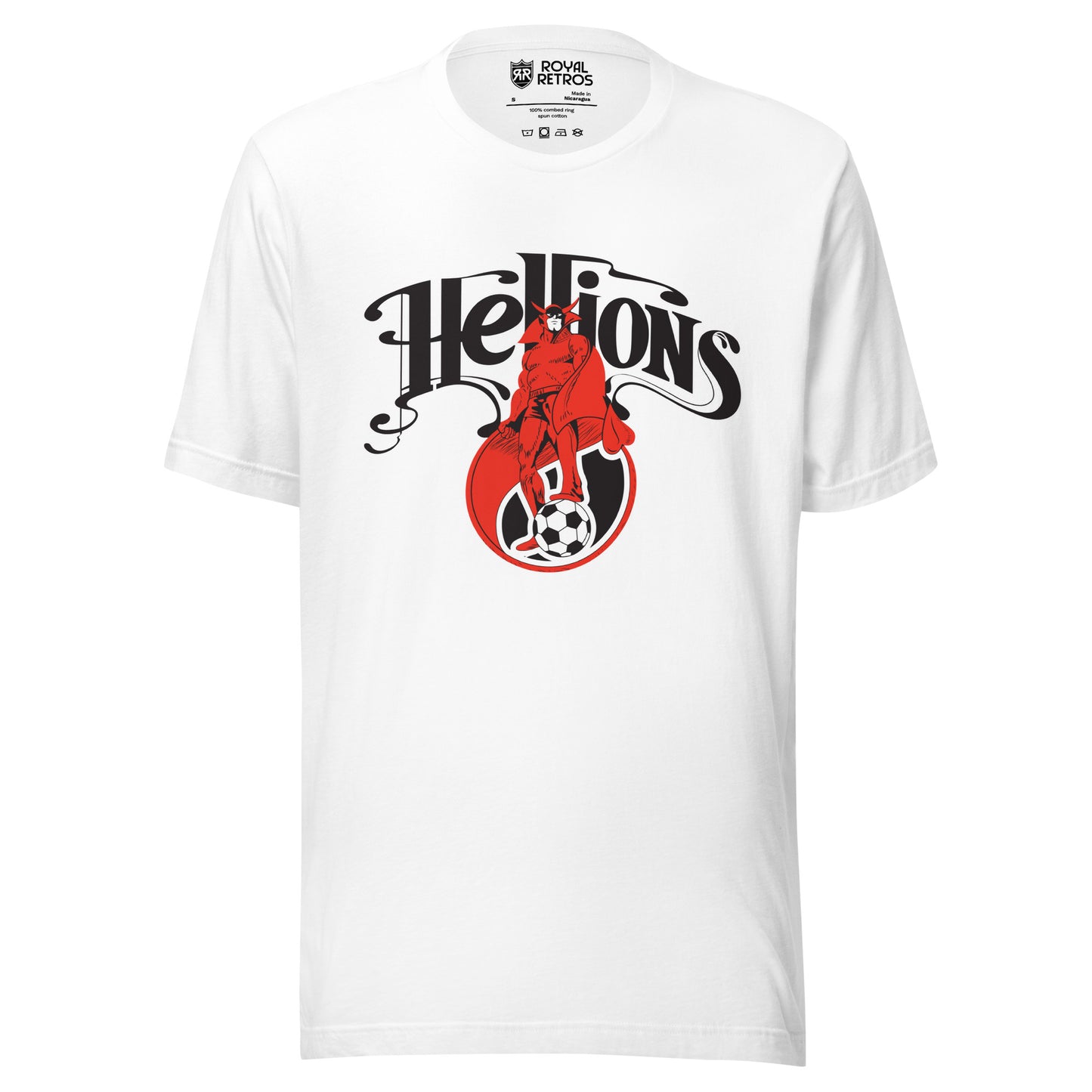 Hartford Hellions Major Indoor Soccer League MISL T-shirt. White. Stylized Hellions in black above red beast over small soccer ball. Royal Retros.