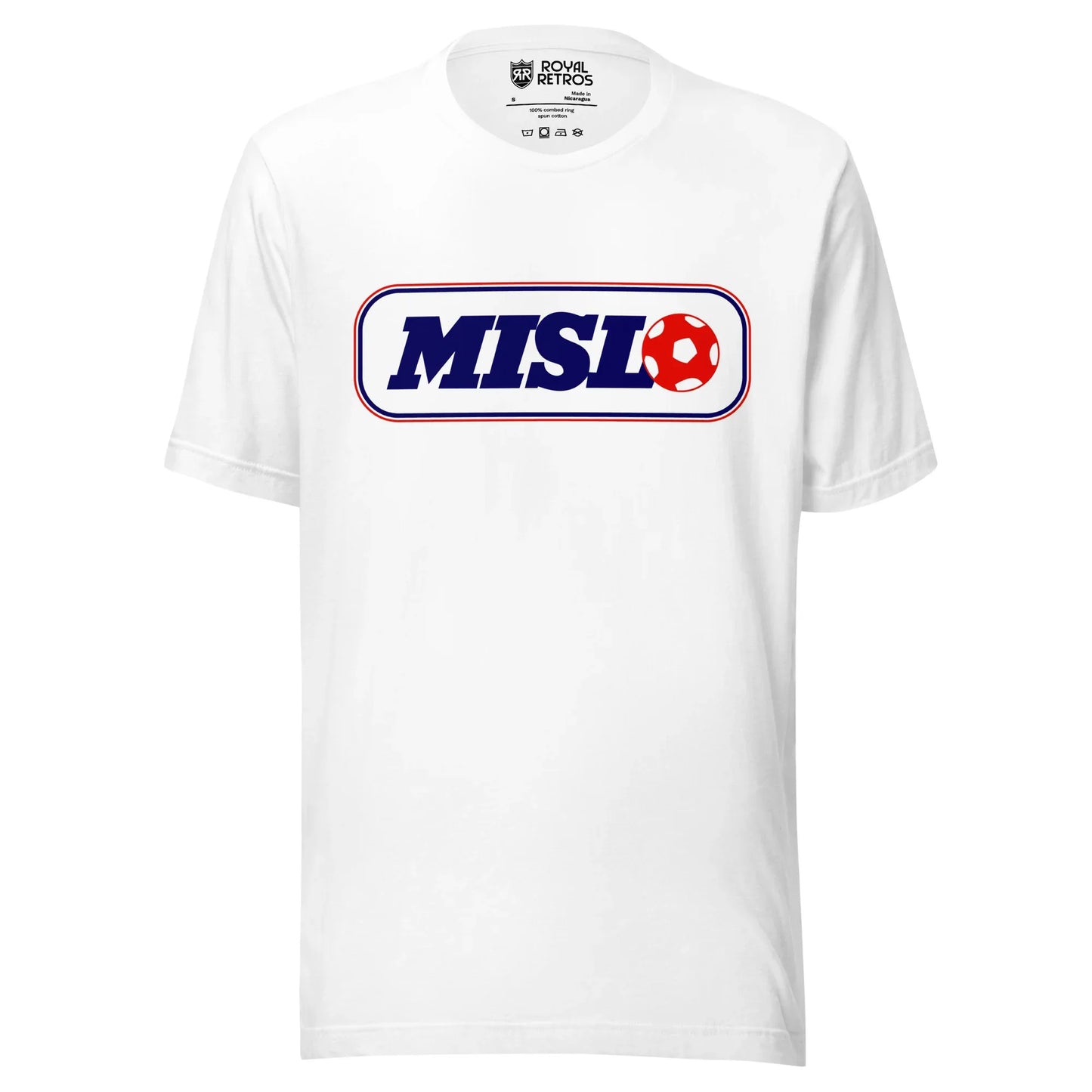 Major Indoor Soccer League MISL T-shirt. White. White rectangle wit blue trim. MISL in blue inside with a red soccer ball next to the L. Royal Retros