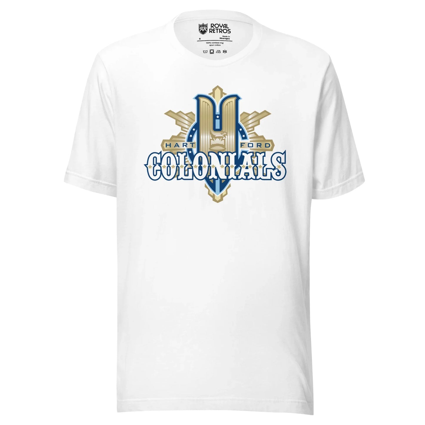 Hartford Colonials UFL-2009 T-shirt. White. Large gold H over gilded shield. Colonials in white with gold trim across shield. Royal Retros