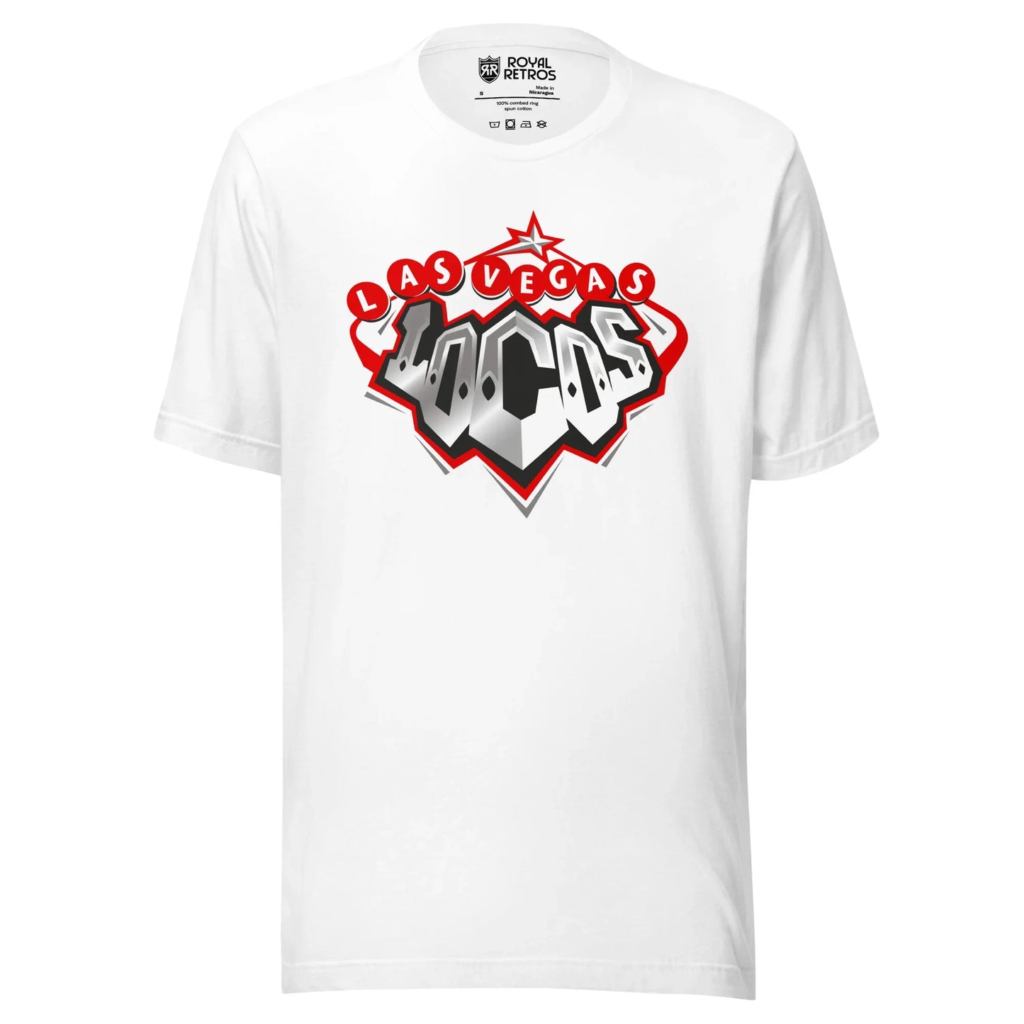 Las Vegas Locomotives UFL-2009 T-shirt white. Diamond shaped logo with red trim features Las Vegas spelled out in white letters on red circles across top. Silver star at very top of diamond. Locos in silver, letters form a cow-catcher at bottom of diamond. Royal Retros