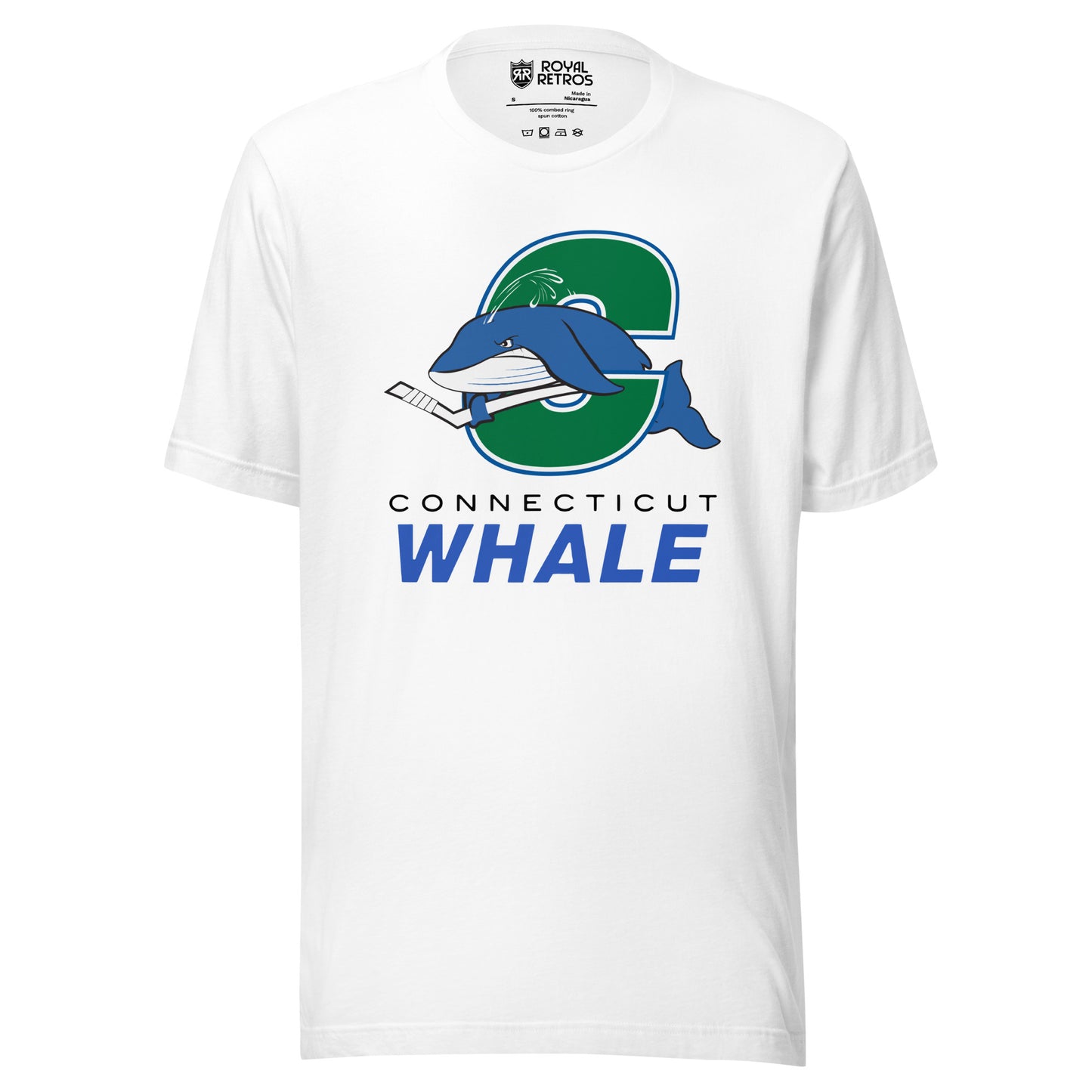 Connecticut Whale hockey T-shirt. White. Giant green C with blue and white trim with blue whale swimming through middle to the left holding a hockey stick. CONNE TICUT in black small above WHALE in blue with white trim. Royal Retros